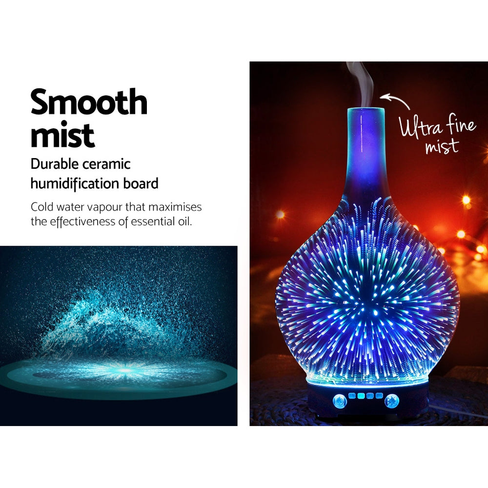 Devanti 100ml 3D Glass Aroma Diffuser for Essential Oils - Ultrasonic Aromatherapy Humidifier with 7 Color LED Lights, Perfect for Bedroom, Yoga & Spa Relaxation