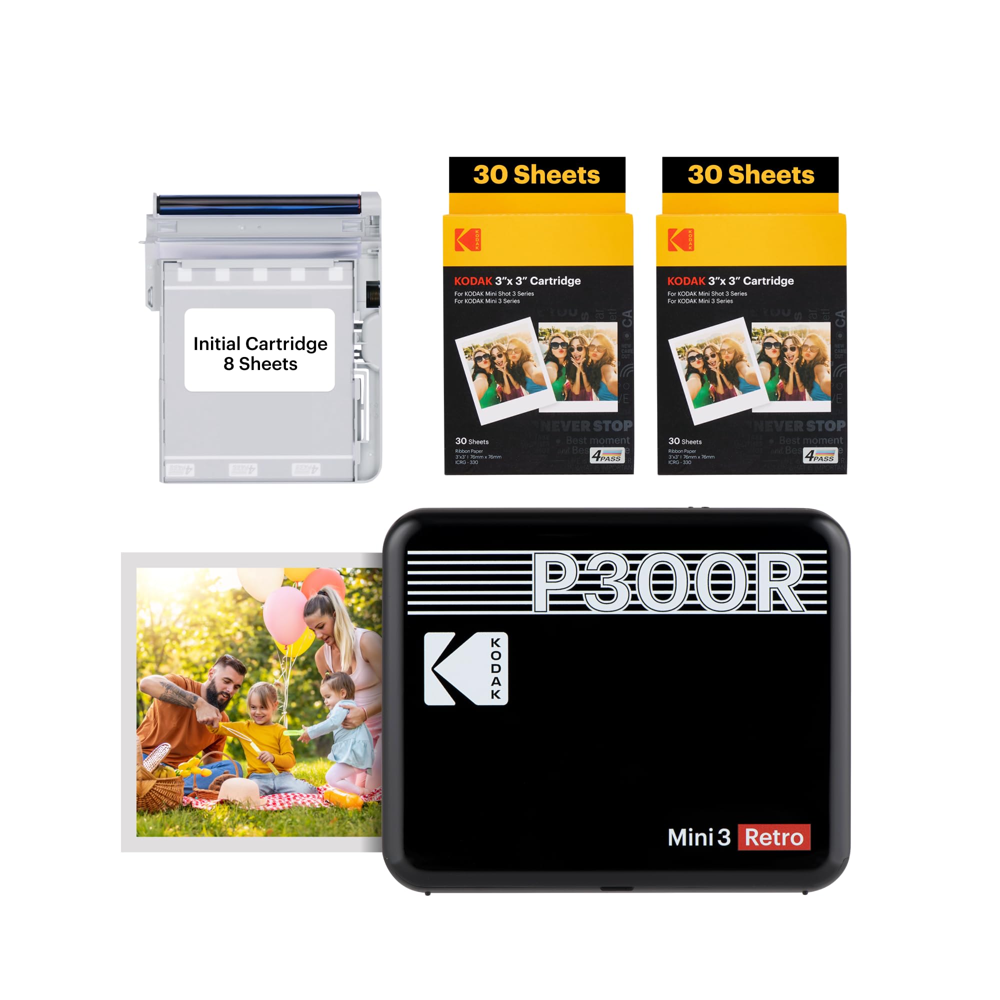 KODAK Mini 3 Retro 4PASS Portable Instant Photo Printer (3x3 inches) - 8 Starter Sheets + 60 Bonus ZINK Paper Bundle - Wireless Bluetooth Printing for iPhone & Android - Perfect for Travel, Parties & Scrapbooking