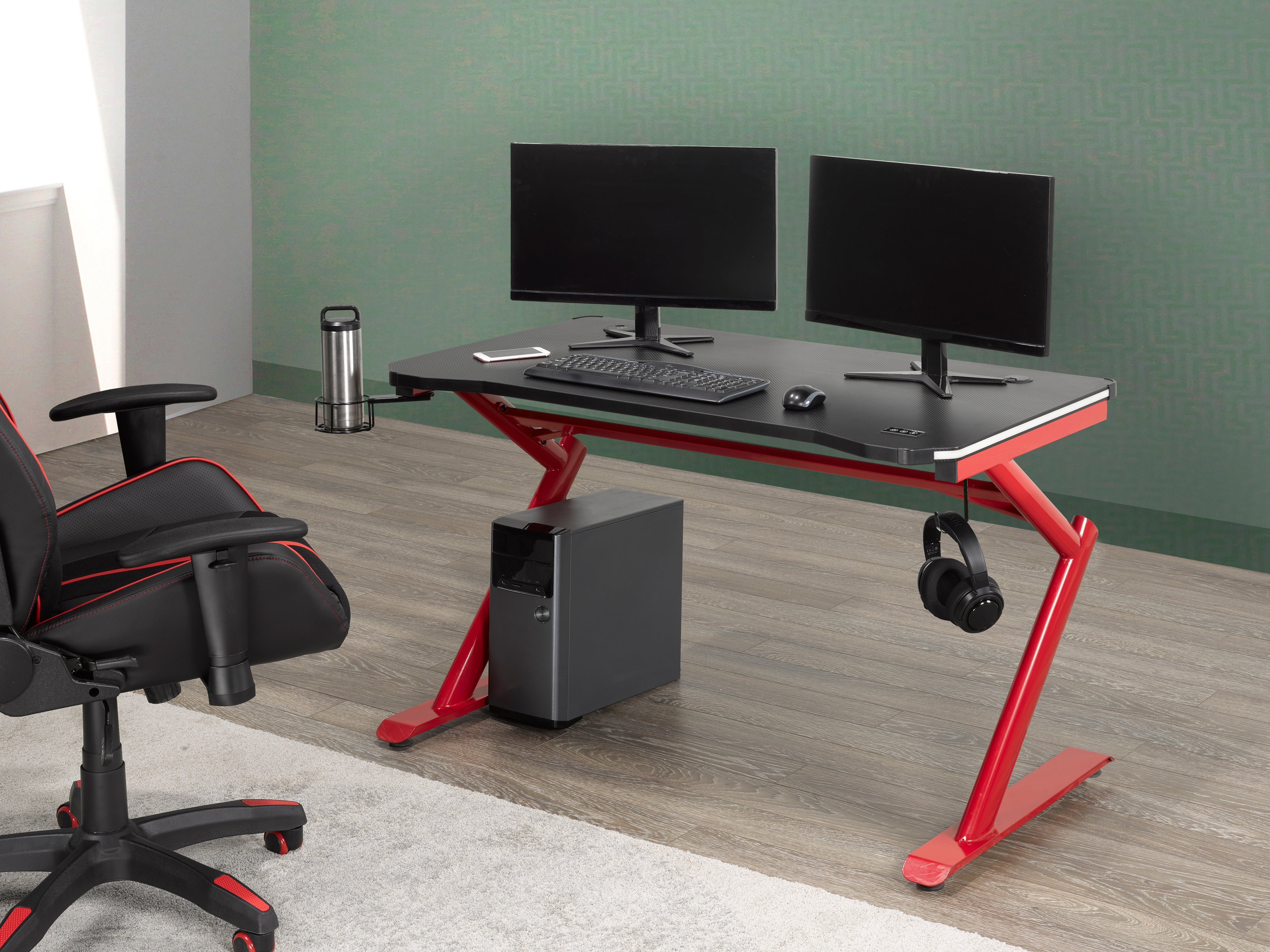 Premium Gaming Desk with LED Lights - Black/Red Ergonomic Computer Desk for PC & Console Gamers - Perfect for Streaming, Esports & Home Office Setup