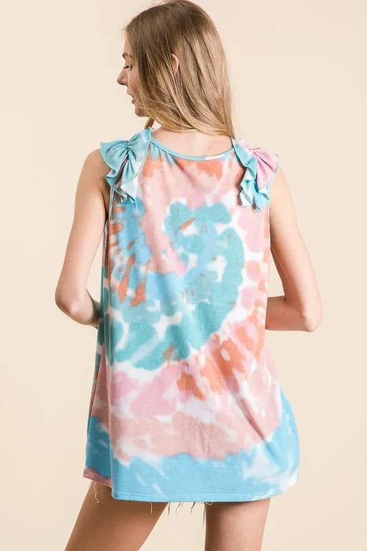 BiBi Circular Tie Dye Knit V Neck Top With Ruffle - Stylish Boho Women's Blouse for Summer, Beach, and Casual Outings