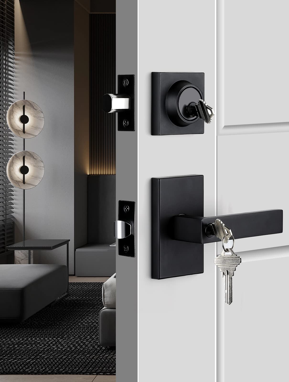 GoldenWarm Matte Black Square Door Handle with Deadbolt - Heavy Duty Zinc Alloy Exterior Entry Lock Set (1 Pack) - Perfect for Modern Homes, Apartments & Office Security