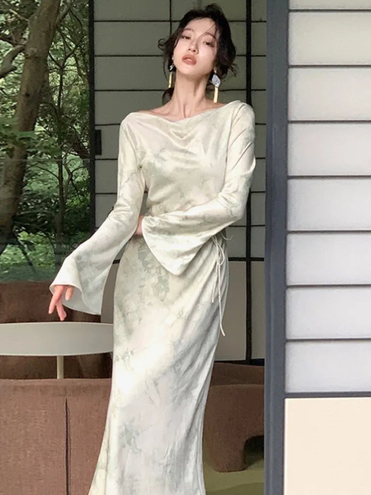 Lovevop 2024 Elegant Long Sleeve Women's Dress - French Print Evening Party Maxi Dress with Lace-up Slash Neck, Slim Fit Fashion for Women | Perfect for Cocktail Parties, Weddings & Formal Events