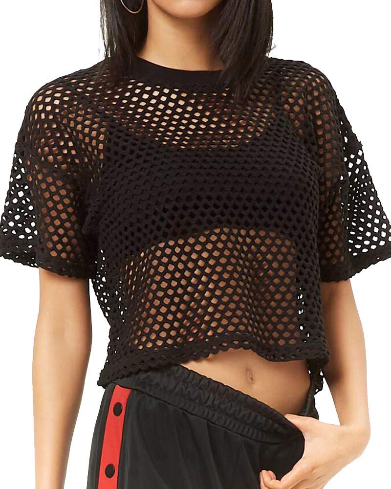 CLOZOZ Women's See-Through Mesh Fishnet Crop Top T-Shirt - Sexy Summer Beach Cover Up, Festival Outfit & Party Wear