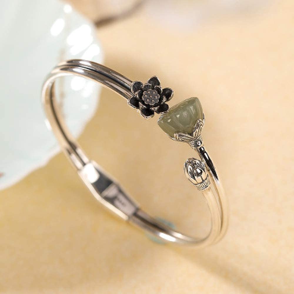 Zhangwn Sterling Silver Hetian Jade Open Bangle Bracelet for Women - Elegant Retro Lotus Design, Adjustable Fit for Daily Wear & Special Occasions