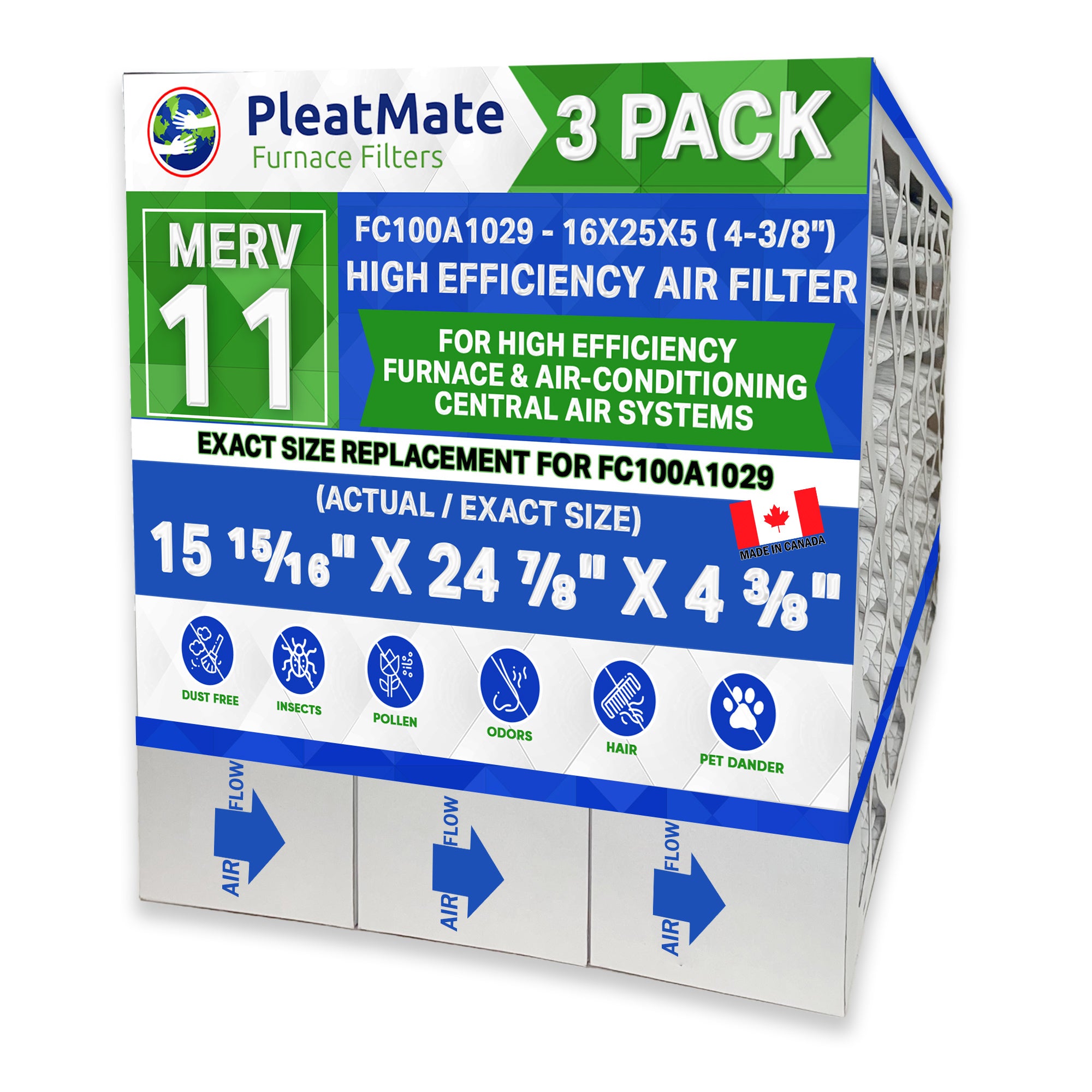 Honeywell 16x25x4 3/8 MERV 11 Air Filter Replacement - 3 Pack (Actual Size 15 15/16 x 24 7/8 x 4 3/8) - Furnace Filters for Home HVAC System, AC Units & Air Purifiers - Improves Indoor Air Quality & Reduces Allergens
