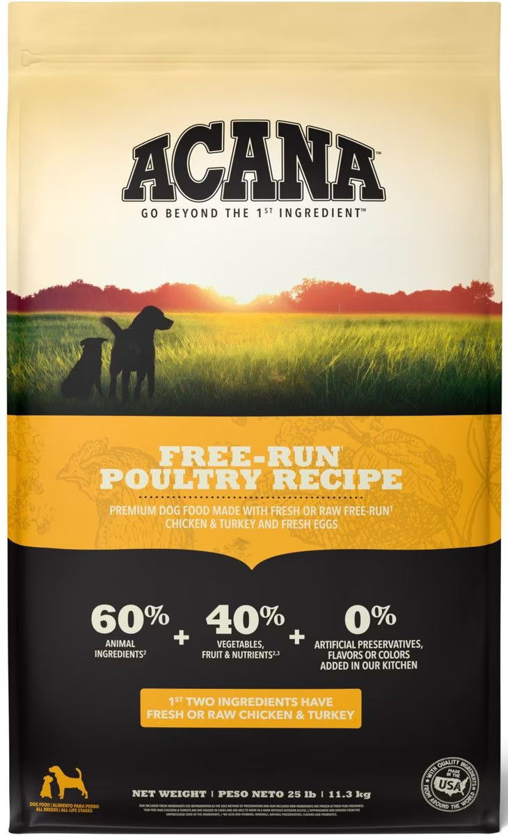 Acana Grain Free Dry Dog Food - 60% Free-Run Poultry Recipe - High Protein Kibble for Active Dogs | Perfect for Adult Dogs & Puppies with Sensitive Stomachs | Ideal for Daily Feeding & Training Treats