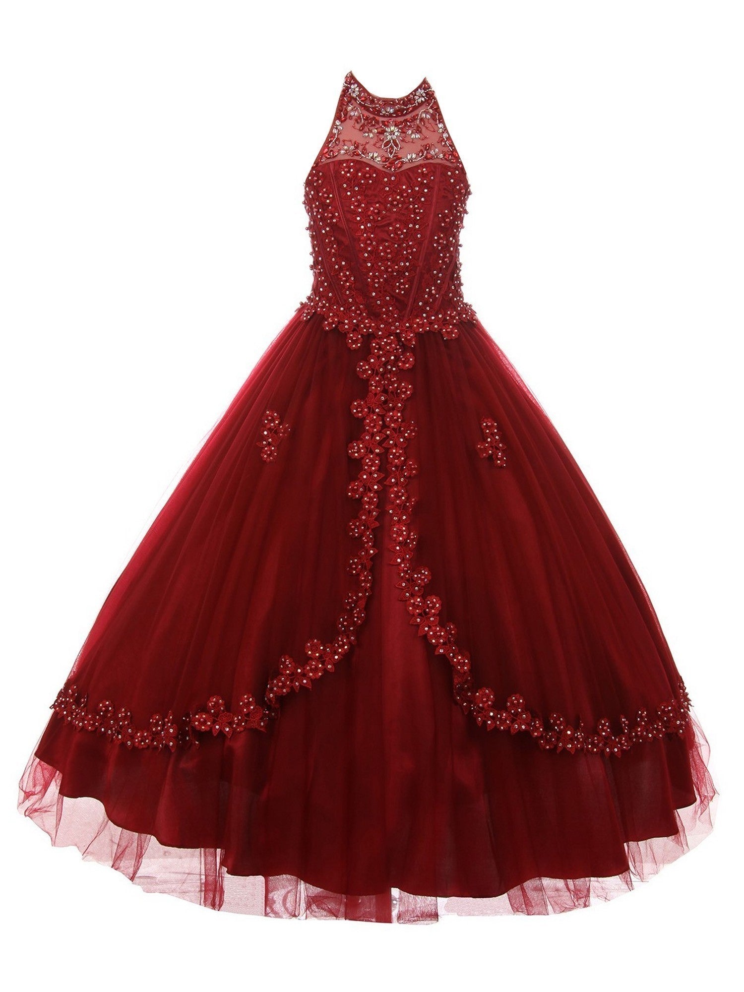Elegant Burgundy Rhinestone Pearls Halter Neck Pageant Dress for Big Girls - Sizes 8-16 | Perfect for Pageants, Prom, and Special Occasions
