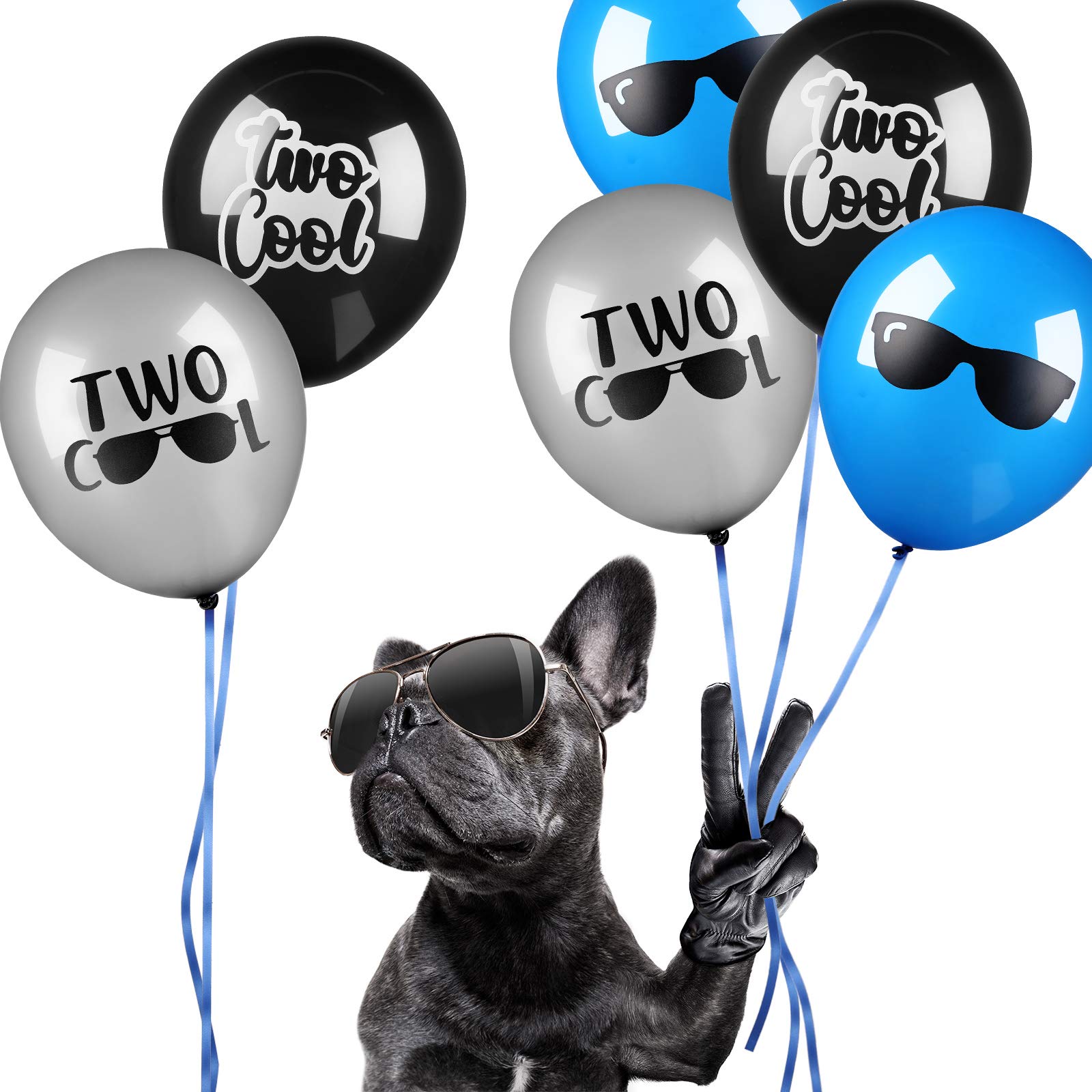 30-Pack Two Cool Party Supplies - Latex Balloons, Sunglasses Balloons in Black, Silver & Blue with 10m Dark Blue Ribbon - Perfect for 2nd Birthday Boy Party Decorations & Themed Celebrations
