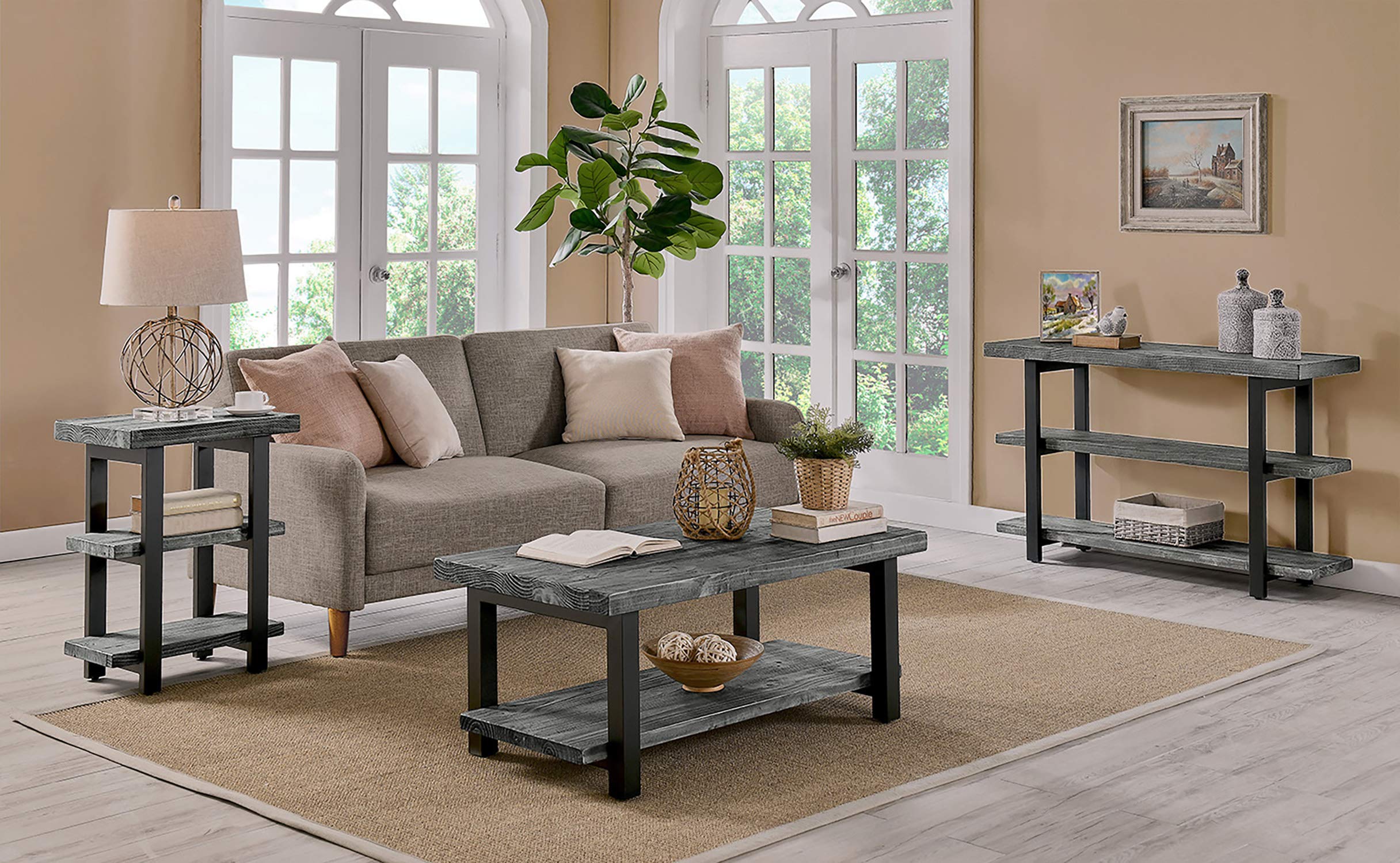 Alaterre Pomona Industrial 2-Tier End Table - Solid Pine Wood & Metal Legs in Slate Gray - Sturdy Side Table for Living Room, Bedroom or Office - Rustic Home Decor Accent Piece