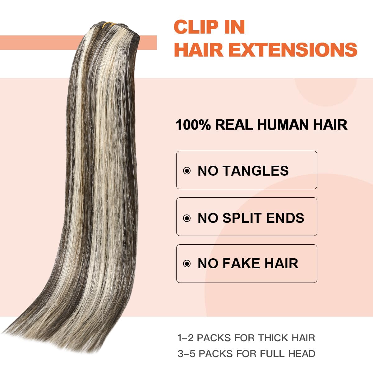 Clip in Hair Extensions Dark Brown with Bleach Blonde Highlights - 15 Inch 70g 7pcs Straight Human Hair Weft Extensions (#2p613) for Volume & Length - Perfect for Parties, Weddings & Daily Styling