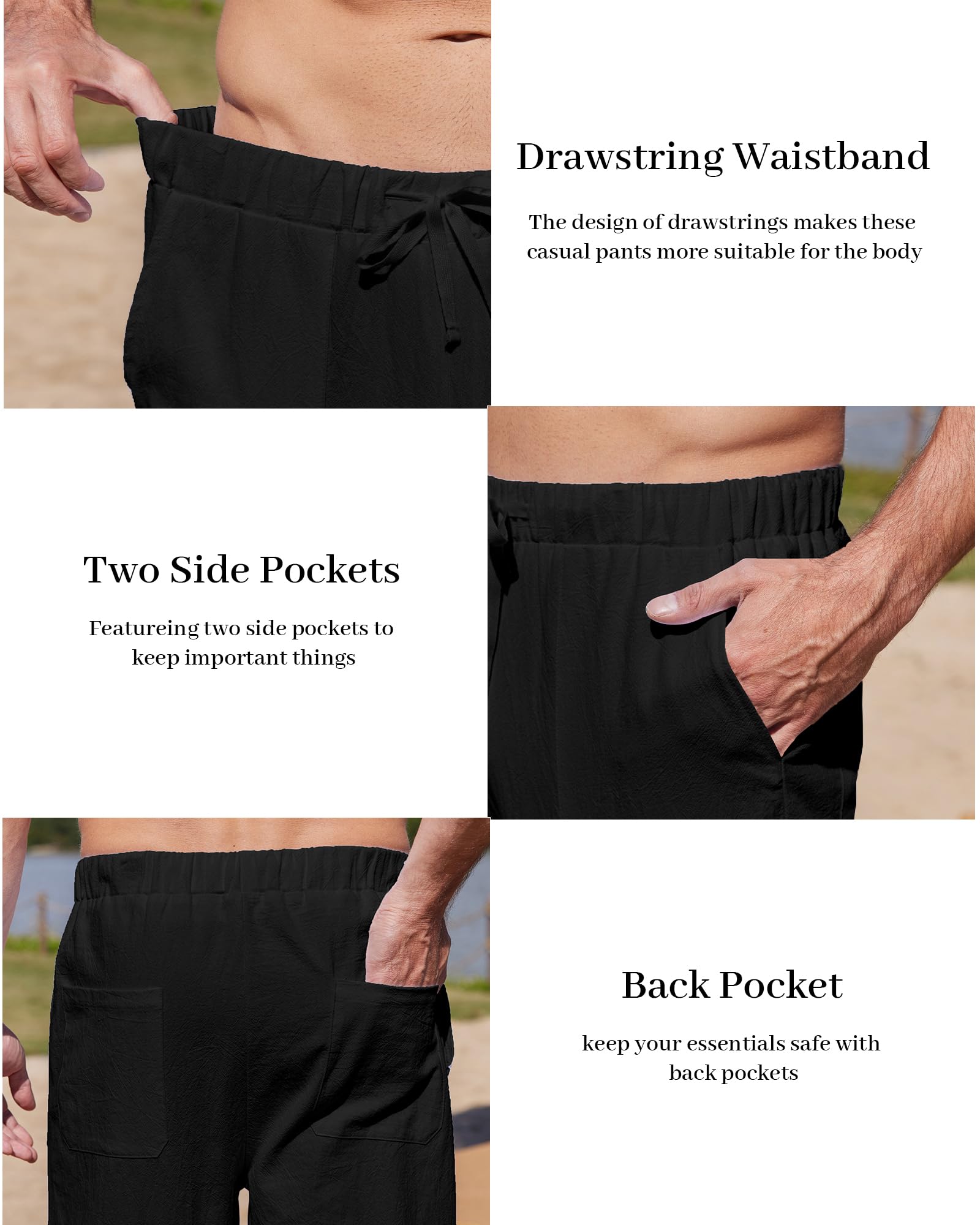 LVCBL Men's Linen Pants with Drawstring Waist & Pockets - Breathable Casual Trousers in Sizes M-3XL - Perfect for Summer Travel, Beach Vacations and Relaxed Office Wear