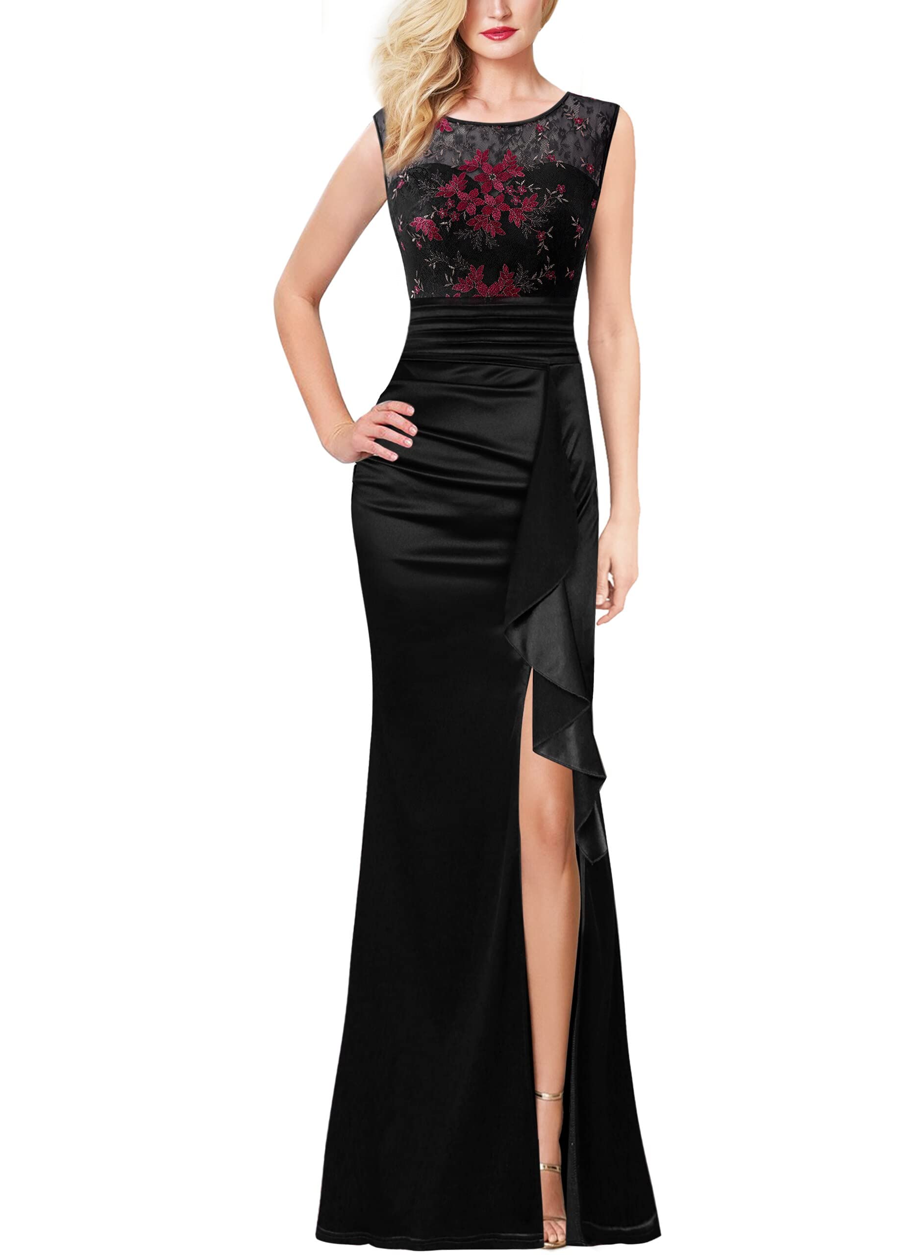 VFSHOW Women's Formal Ruched Ruffles Evening Prom Wedding Party Maxi Dress - Elegant Long Gown for Special Occasions, Dinners & Black Tie Events
