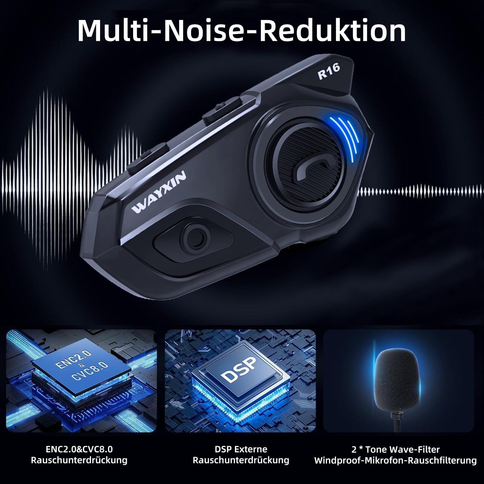 WAYXIN R16 Motorcycle Bluetooth Headset - 6-Way Intercom System, Music Sharing, IP67 Waterproof, Universal Compatibility with Other Brands - Perfect for Group Rides, Long-Distance Touring & Adventure Motorcycling