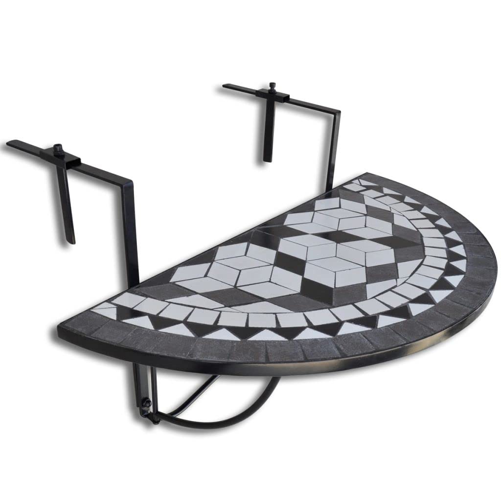 Foldable Hanging Balcony Table - Semi-Circular Outdoor Furniture for Backyard, Lawn, Poolside & Patio - Space-Saving Black & White Mosaic Design - Perfect for Small Spaces, Apartment Living & Outdoor Relaxation