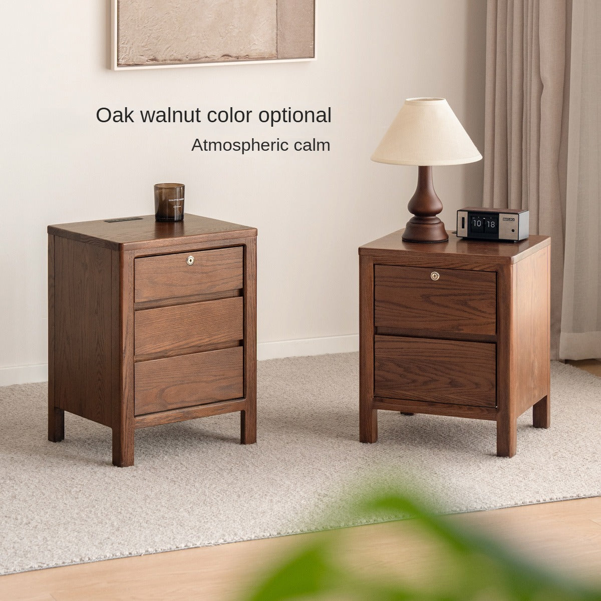 Solid Oak Wood Nightstand with Locking Drawer - Stylish and Durable Bedside Table for Bedroom, Living Room, or Guest Room