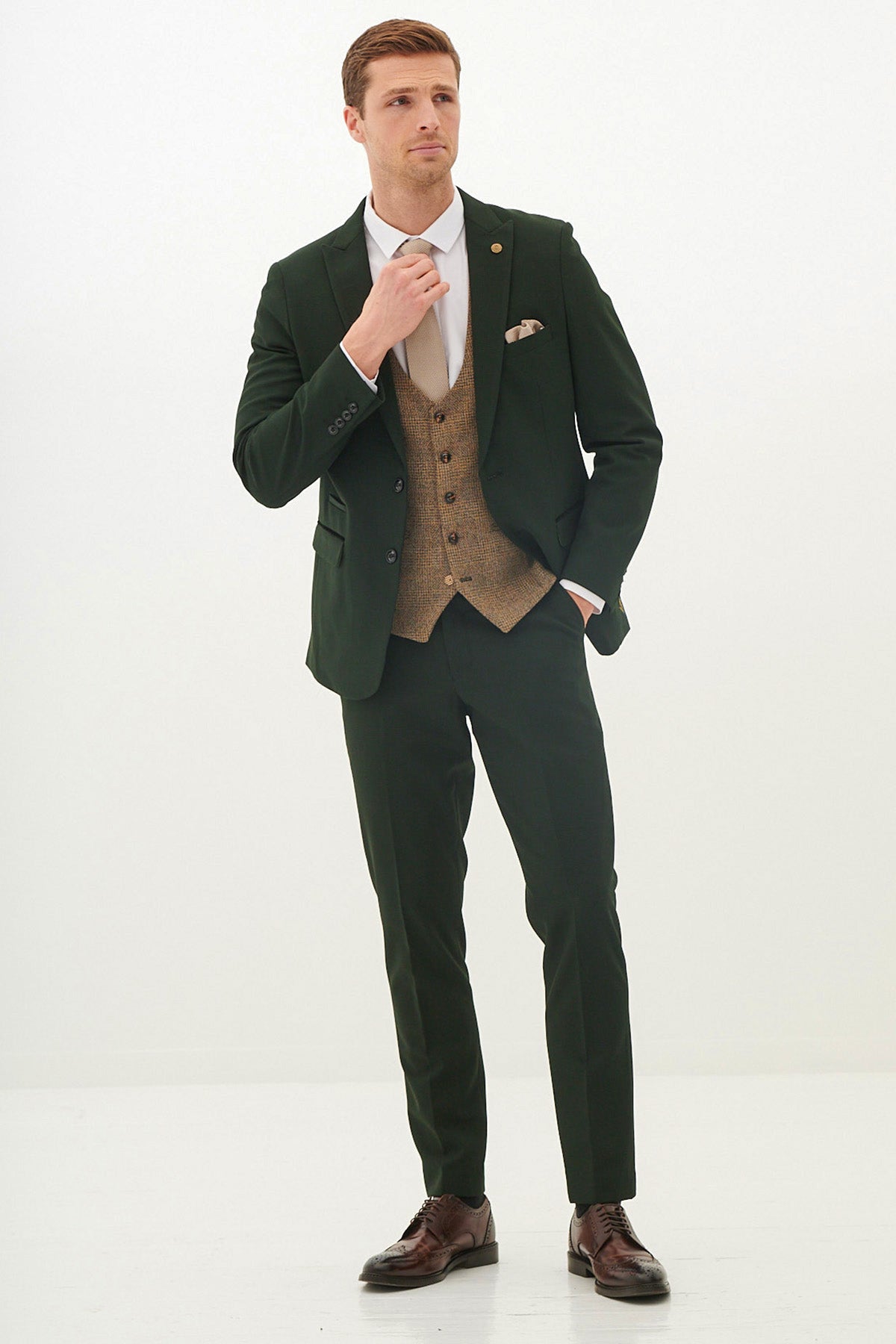 BROMLEY Olive Green Check Suit with Kris Tan Tweed Waistcoat - Stylish Men's Formal Attire for Weddings, Business Meetings & Special Occasions