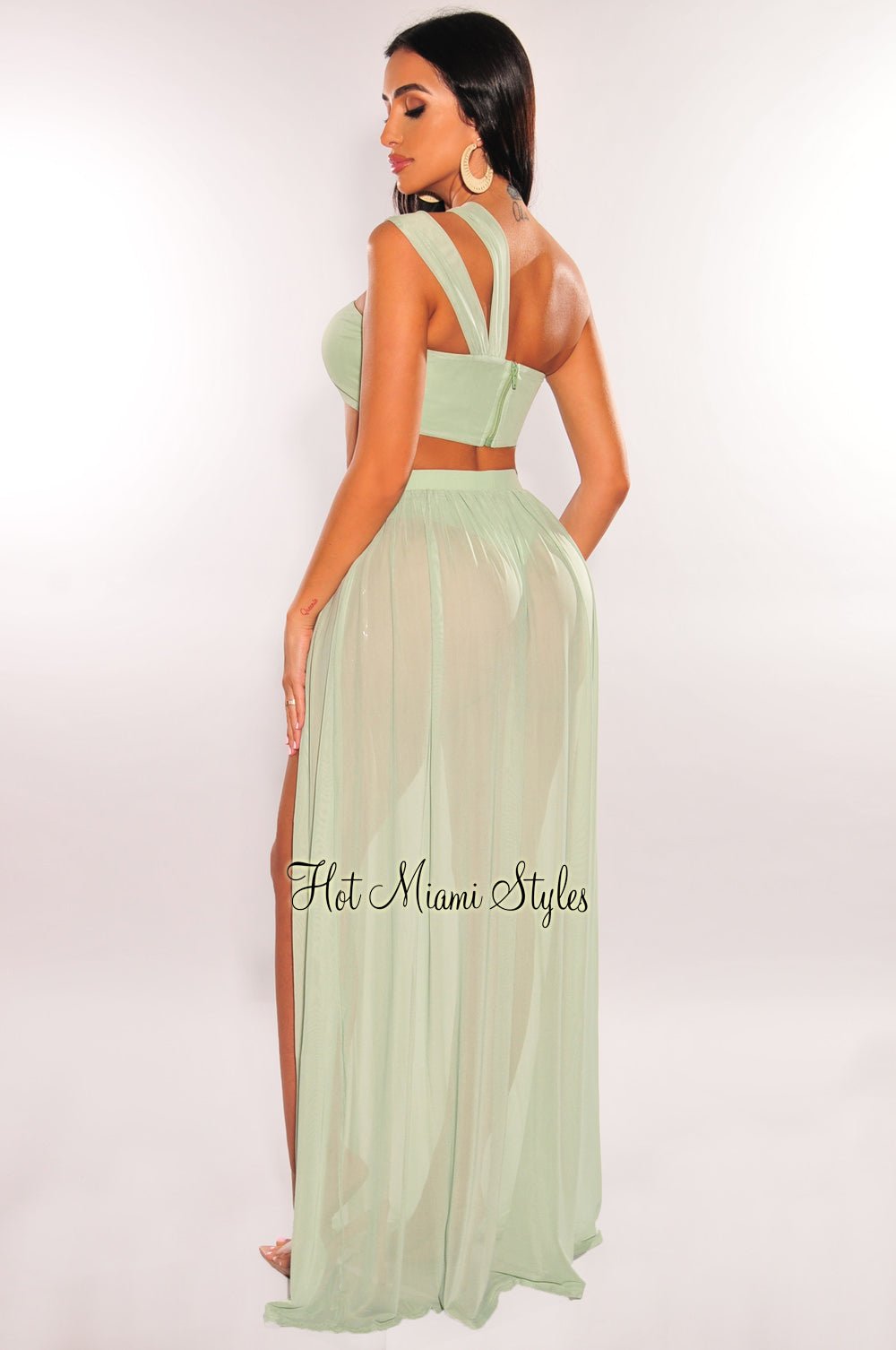 Sage Green One Shoulder Cut Out Strappy Slit Maxi Dress - Elegant Evening Gown for Prom, Wedding, Party & Special Occasions
