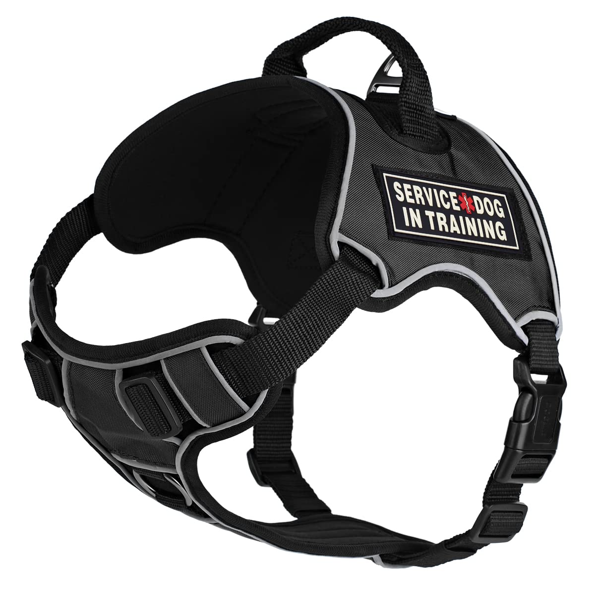 No-Pull Dog Harness with Reflective Vest & Quick Release Buckles - 3D Rubber Service Dog Patches, Adjustable 32-40 Inch for Training - Durable Black Hardware with Handle - Perfect for Walking, Running & Outdoor Adventures