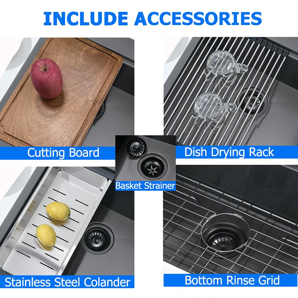 33 x 19 Inch Black Stainless Steel Drop-In Kitchen Sink - 16 Gauge Deep Single Bowl Workstation Basin for Modern Kitchens | Perfect for Meal Prep & Dishwashing