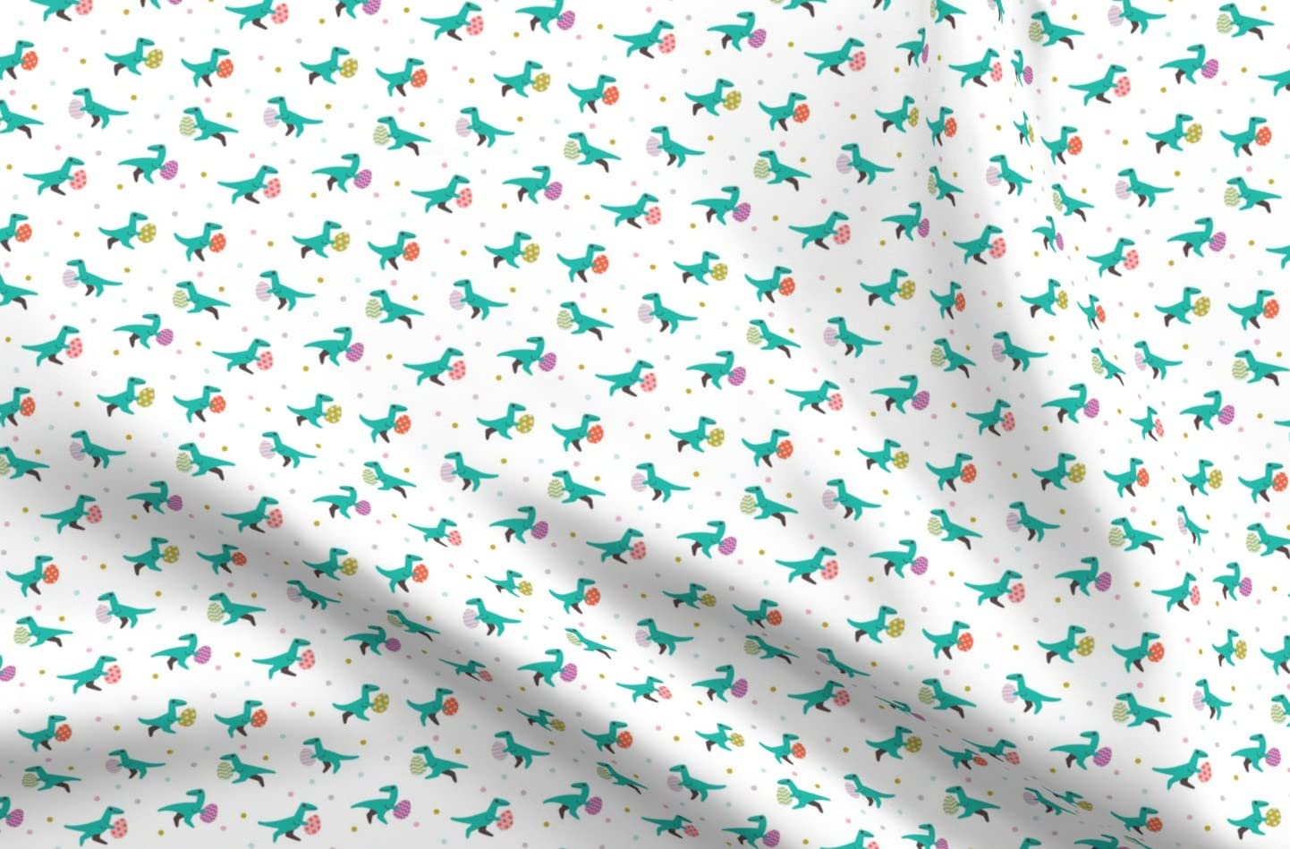 Whimsical Dinosaurs Easter Egg Hunt Printed Chiffon Fabric Fat Quarter - Sewing DIY Fashion Apparel, Kids Dresses & Home Decor - Perfect for Easter Crafts, Baby Clothing, and Spring Home Decoration
