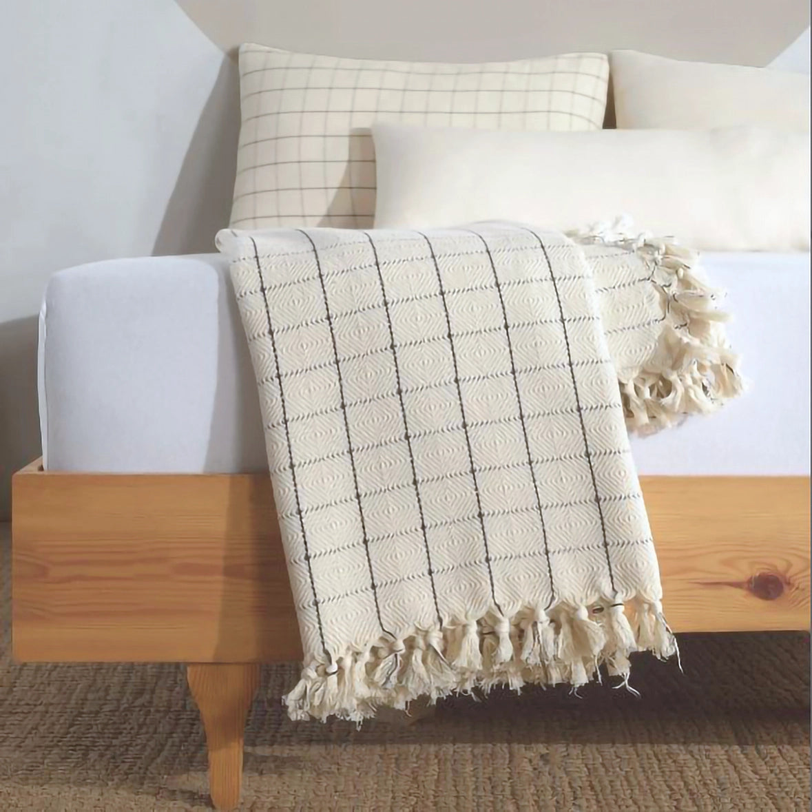 Boho Cream Checkered Bedspread Queen Size - Soft Cotton Bohemian Style Bed Cover for Master Bedroom, Guest Room & Dorm Decor