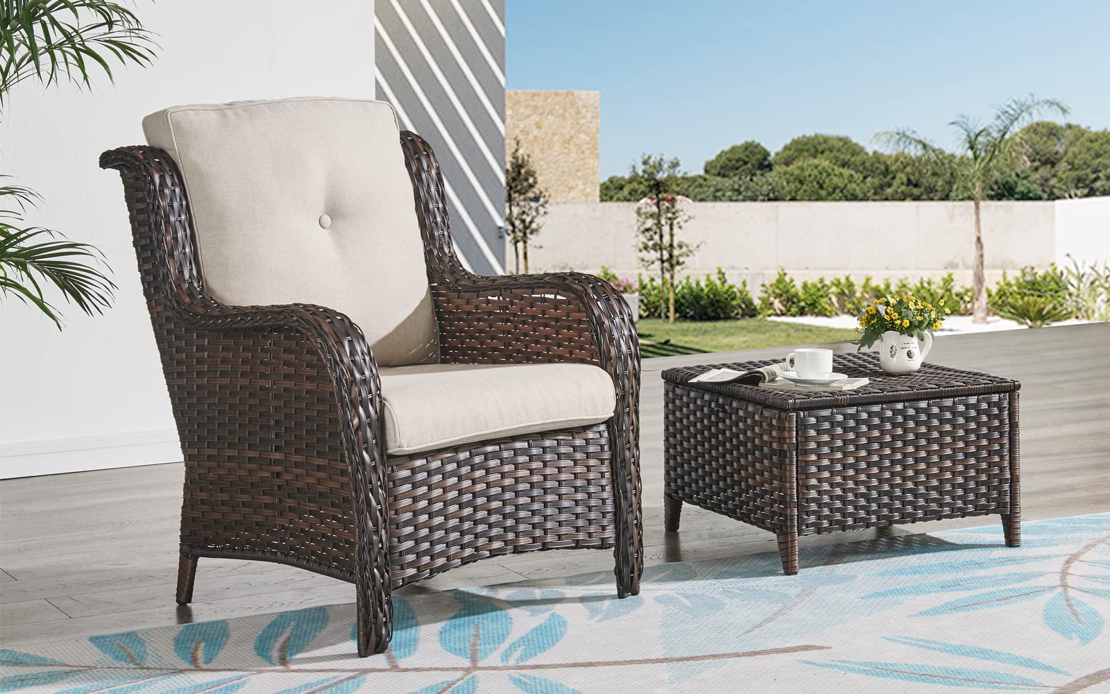 HUMMUH 2-Piece Wicker Patio Dining Chairs Set - PE Rattan Deep Seating Outdoor Chairs with 4 Inch Cushions (Brown/Beige) - Perfect for Backyard, Garden, Poolside & Patio Relaxation