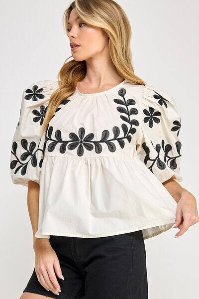 Elegant Puff Sleeve Embroidered Peplum Blouse for Women | Floral Embroidery Top | Perfect for Office, Date Night & Special Occasions