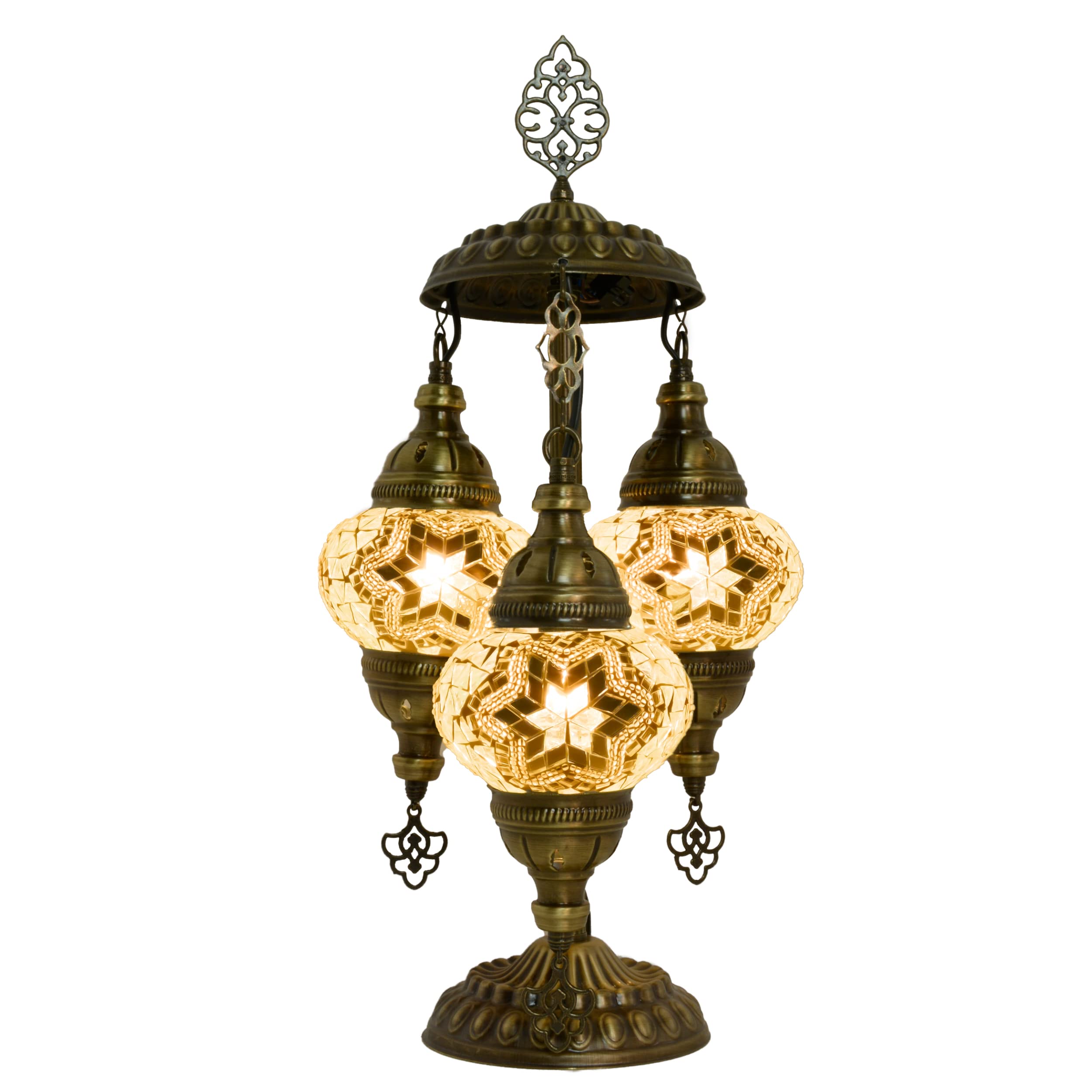 MOZAIST Turkish Mosaic Table Lamp - Handmade Stained Glass Moroccan Boho Desk Light with 3 Globe Design, Vintage Lounge & Bedside Decorative Lighting, US Plug & E12 Socket (Vanilla) | Perfect for Living Room, Bedroom, Office & Boho Home Decor