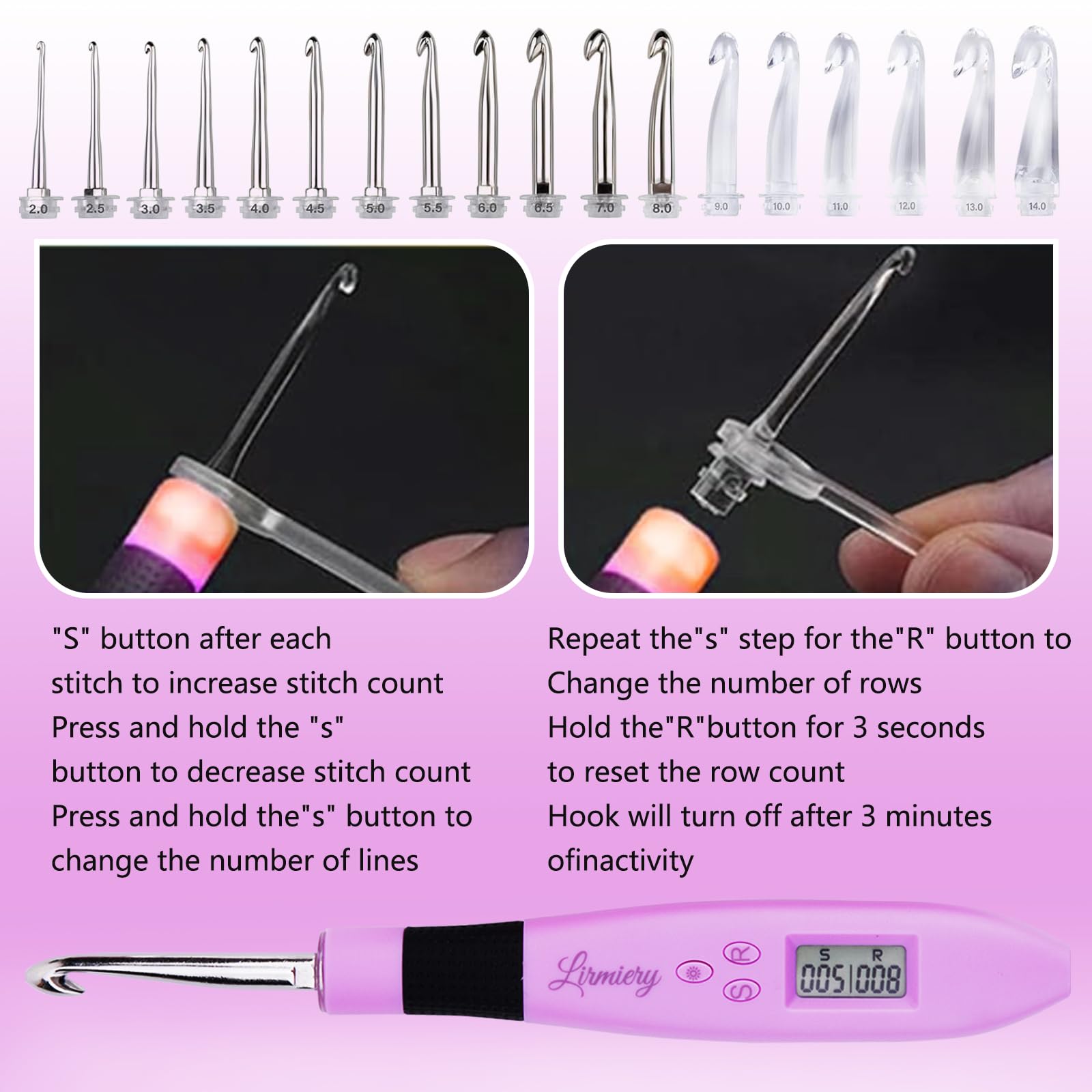 Lirmiery 18-Piece Light Up Crochet Hooks Set with Digital Stitch Counter - Ergonomic Soft Grip Knitting Needles for Beginners & Professionals - Perfect for Night Crocheting, Yarn Crafts & DIY Projects