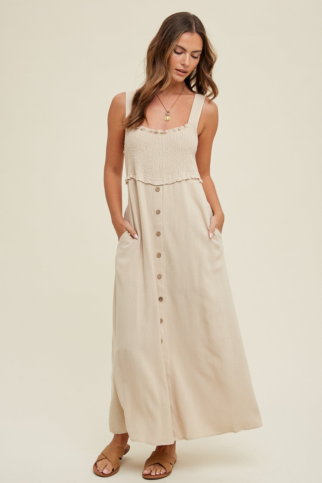 Beige Button Down Smocked Maternity Dress for Pregnancy - Comfortable Nursing Dress for Women, Perfect for Baby Showers, Maternity Photos & Everyday Wear