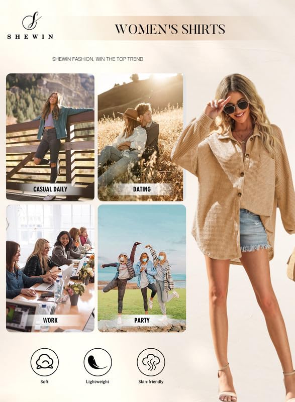 SHEWIN Women's Waffle Knit Button Down Shirt - Casual Long Sleeve Shacket Jacket, Boyfriend Style Loose Fit Blouse for Everyday Wear, Office & Date Nights