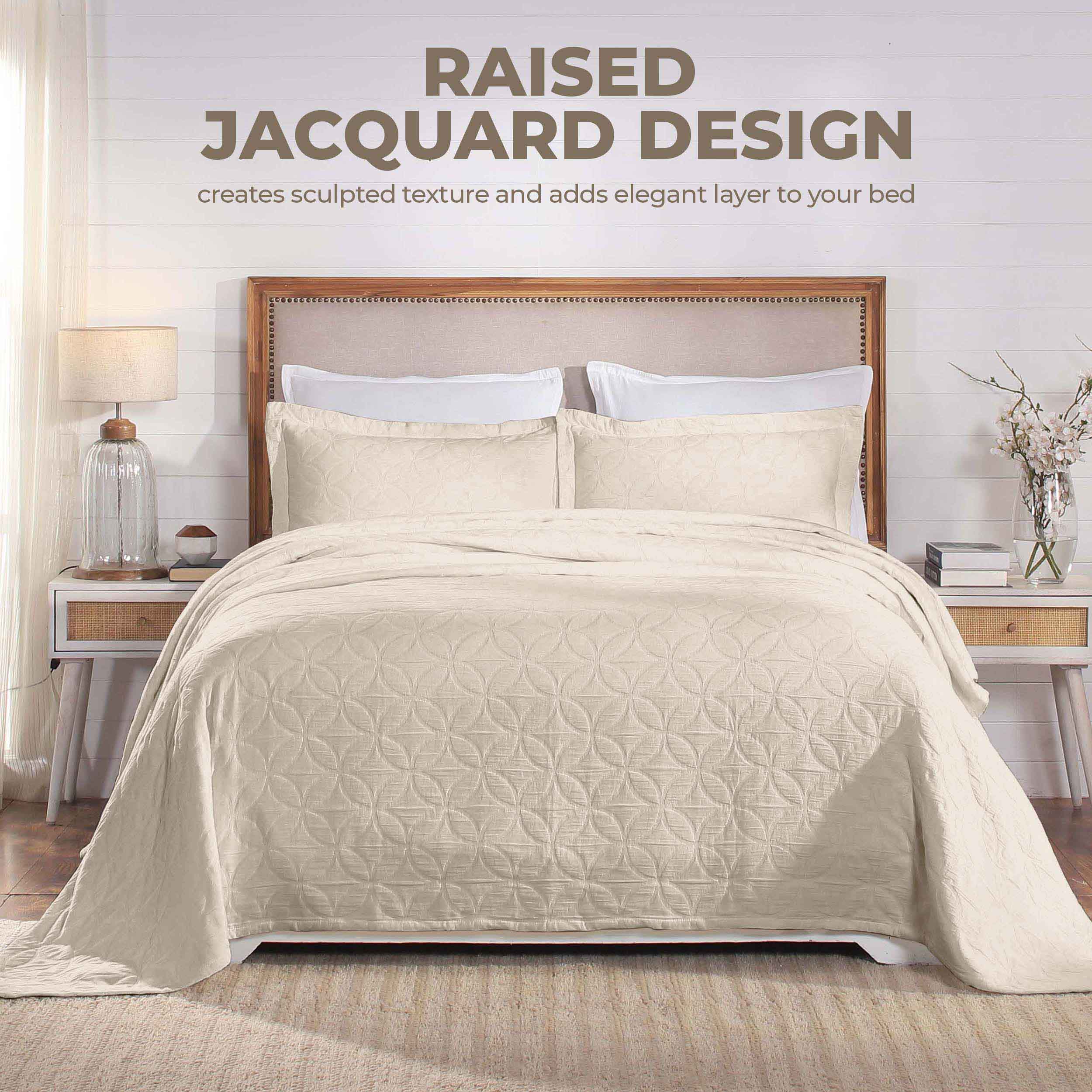Serenity Cotton Matelasse Celtic Circle Airy Bedspread Set - Queen Size Lightweight Quilted Coverlet with All-Over Embroidery for Bedroom Decor, Guest Room & Cozy Home Styling