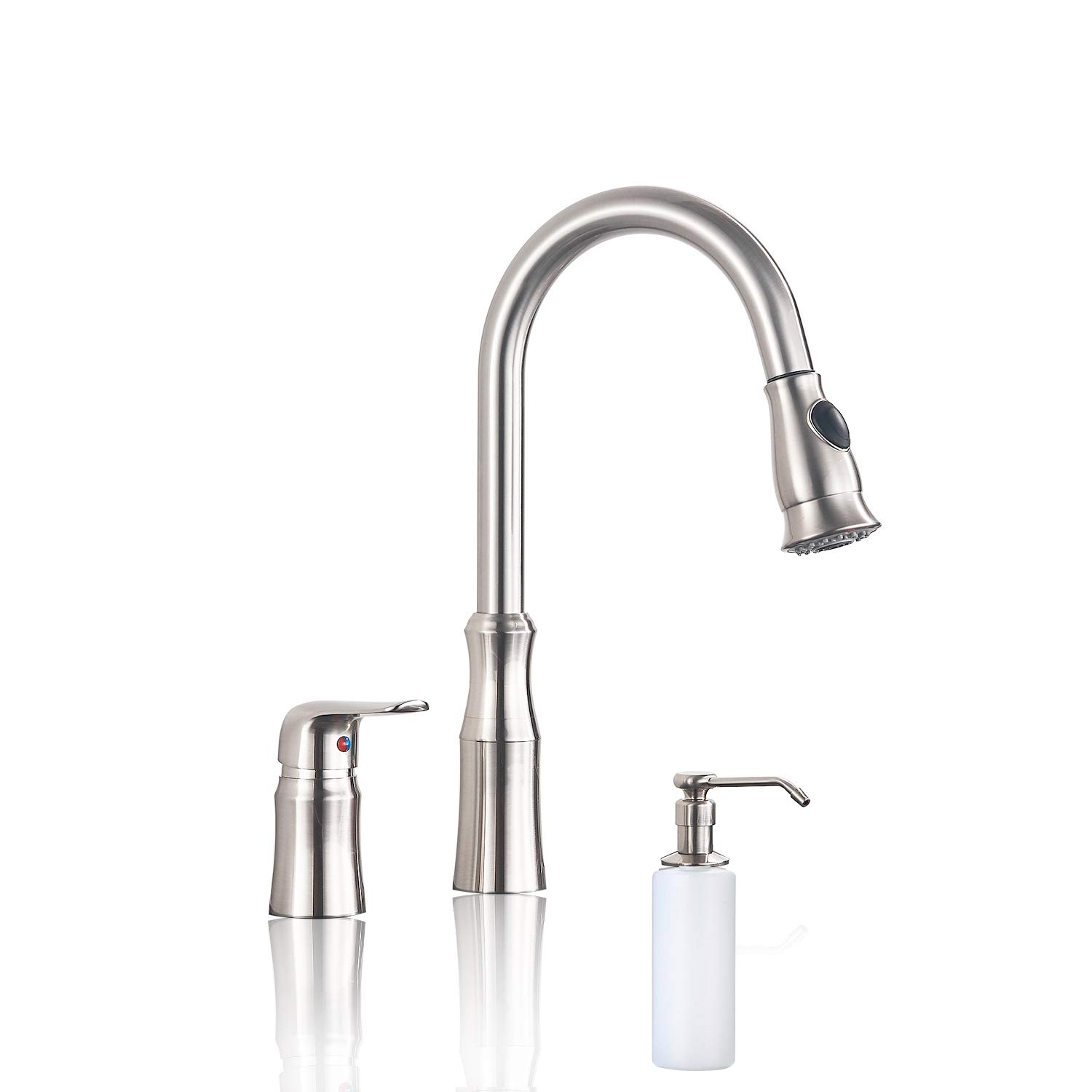Oulantron Commercial Kitchen Faucet with Pull Down Sprayer & Soap Dispenser - High Arc Brushed Nickel Pull Out Sink Faucet for Restaurants, Home Kitchens & Food Prep Areas
