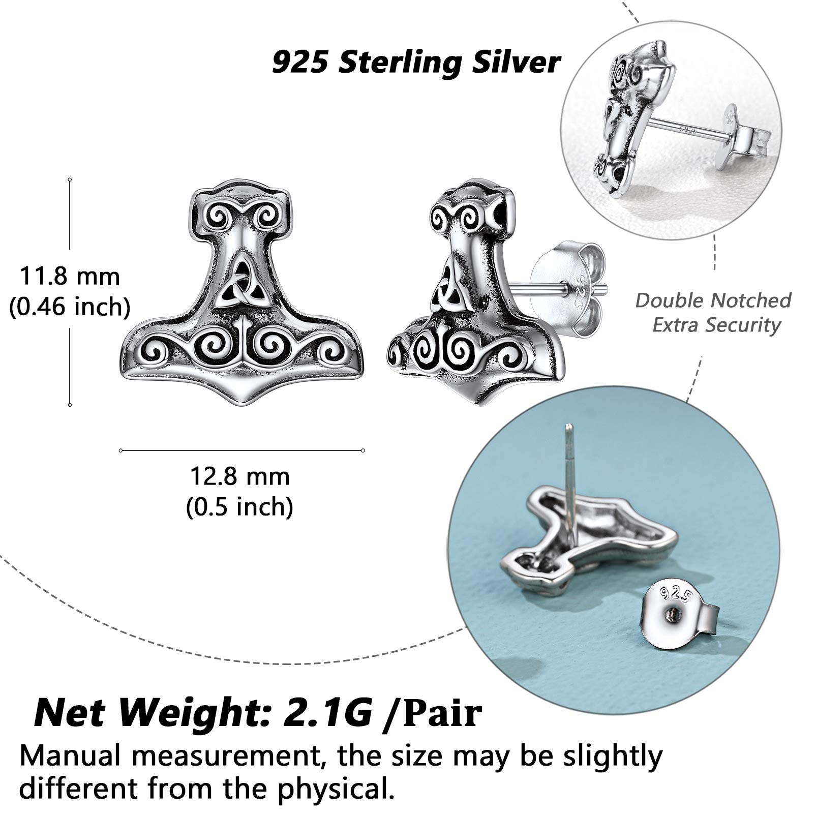 Viking Jewelry for Men & Women - Thor's Hammer Stud Earrings in Sterling Silver with Celtic Knot & Wolf Head Design - Perfect for Cosplay, LARP, Historical Reenactment & Norse Fashion