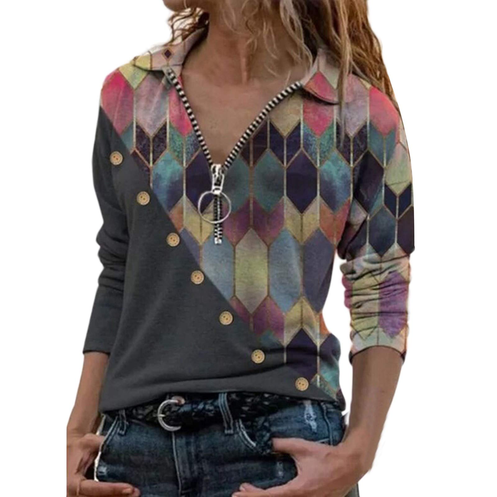 DII Women's Long Sleeve V-Neck Tunic Top with Zipper & Color Block Design - Casual Loose Fit Pullover Blouse for Work, Travel & Everyday Wear