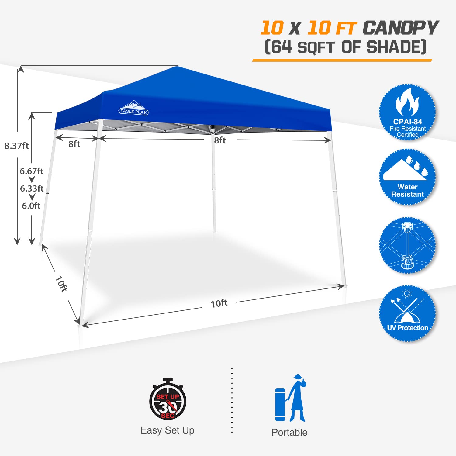 EAGLE PEAK 10x10 Slant Leg Pop-Up Canopy Tent - Easy One-Person Setup, Instant Outdoor Shade Shelter for Beach, Camping, Picnics & Sports Events - Portable Folding Canopy with 10x10 Base & 8x8 Top (Blue)
