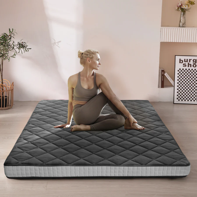 MAXYOYO Diamond Patterned Padded Japanese Futon Bed - Extra Thick Floor Mattress & Quilted Mattress Topper in Dark Grey | Perfect for Guest Beds, Small Spaces & Minimalist Home Decor