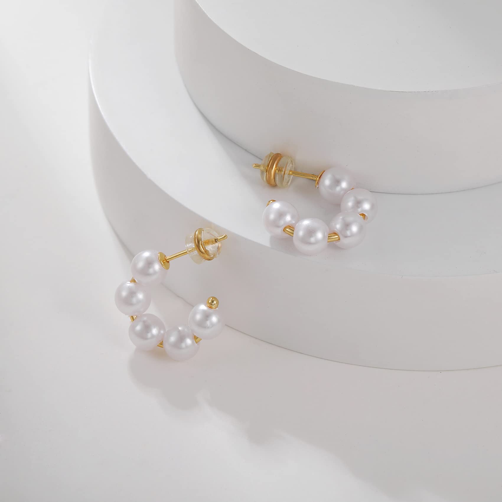 Gold Plated Small Pearl Hoop Earrings for Women - Lightweight Open Circle Round Pearl Jewelry - Perfect Birthday Gift & Everyday Wear