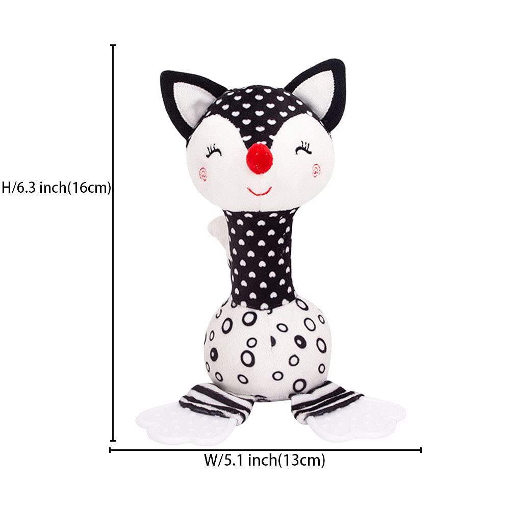 **Soft Plush Fox Rattle Toy for Babies 0-12 Months - Black & White Newborn Developmental Toy with Teether, Sound & Easy Grip - Perfect for Tummy Time, Sensory Play & Early Learning**