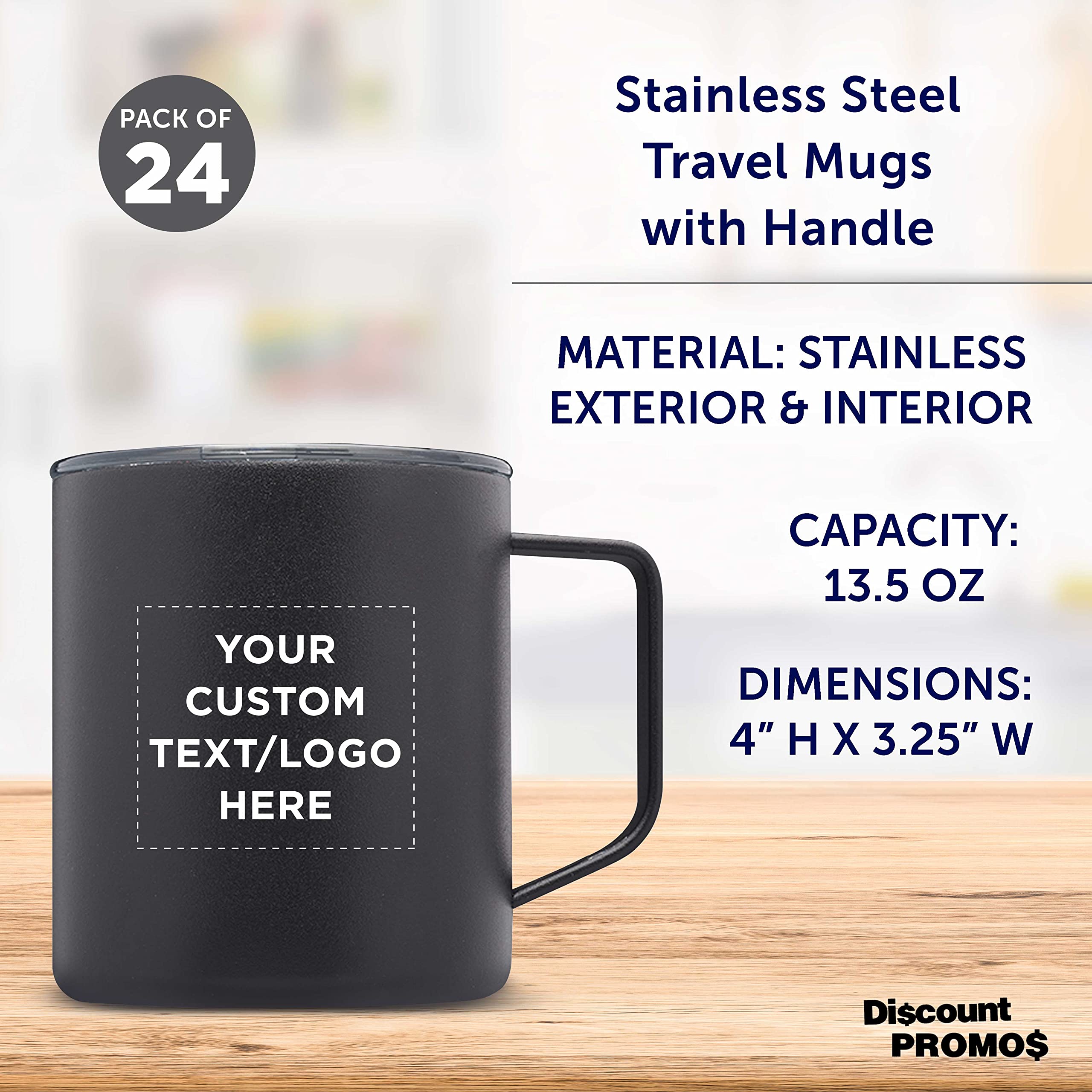 Custom Kenai Powder Coated Travel Mugs 13.5 oz - Set of 24 Insulated Stainless Steel Cups with Personalized Bulk Pack - Double Wall Vacuum Insulation for Coffee, Tea, Hot Cocoa & Cold Drinks - Perfect for Office, Camping, Travel & Gifts - Black