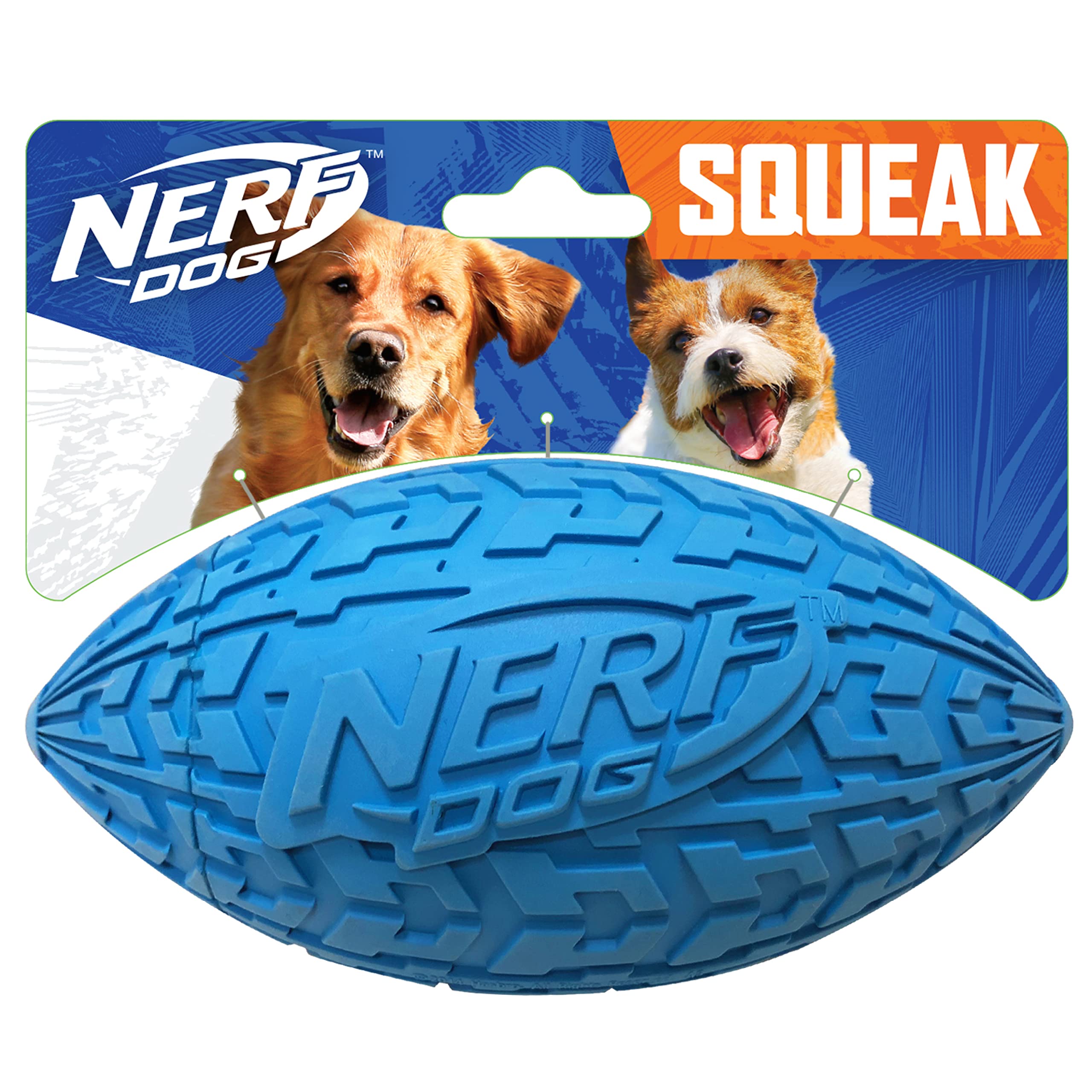 Nerf Dog Tire Squeak Football - 6 Inch Durable Outdoor Dog Toy for Medium & Large Breeds - Blue Interactive Chew Toy for Fetch, Training & Playtime in Backyard, Park or Beach