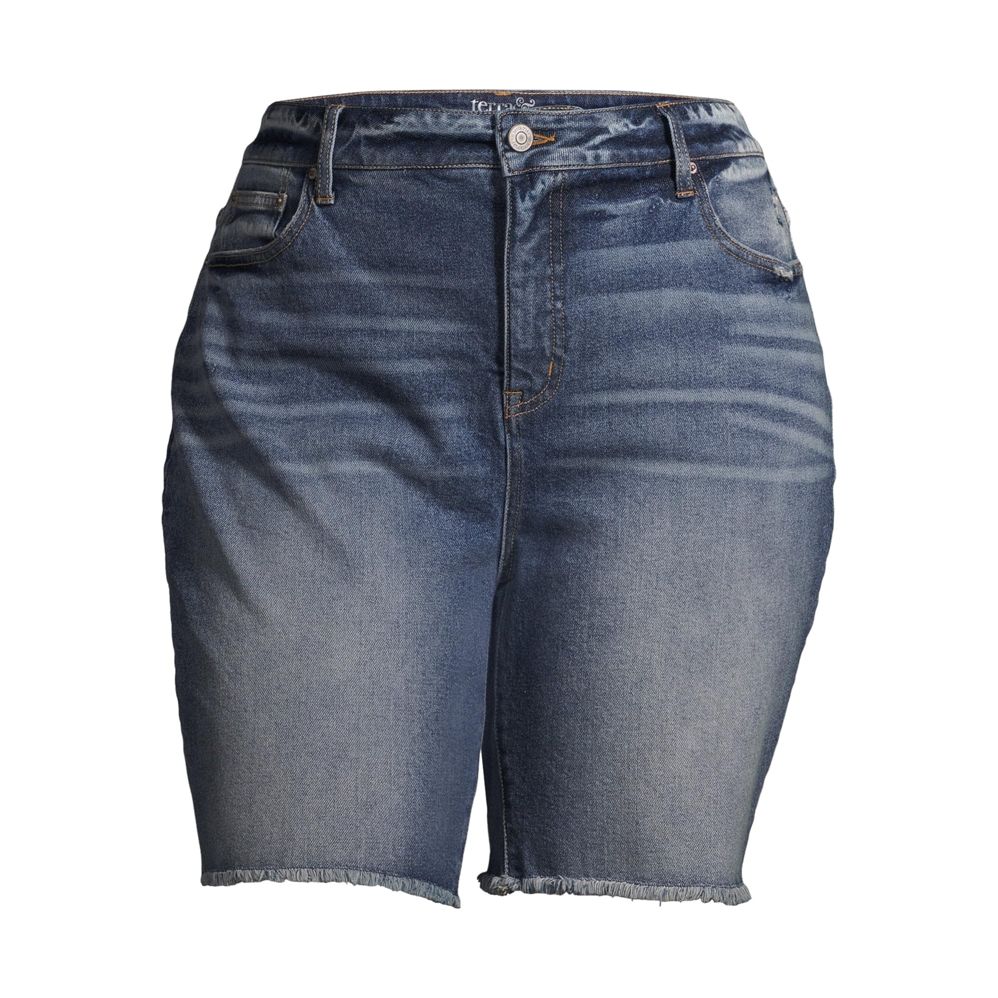 Layla Medium Wash Plus Size Frayed Hem Denim Bermuda Shorts for Women - Comfortable Stretch Denim Shorts for Casual Wear, Summer Outfits & Beach Vacations