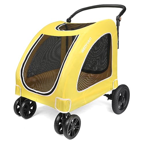 Foldable 4-Wheel Dog Stroller for Medium & Large Pets - Single or Multiple Dogs Up to 120 lbs - Breathable Travel Carrier with Easy Entry/Exit - Ideal for Jogging, Shopping & Vet Visits (Yellow)