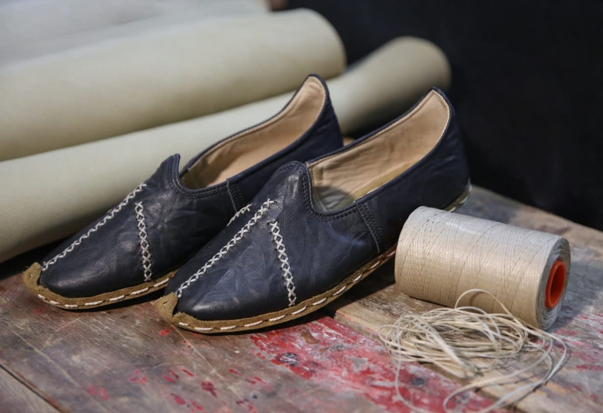 Authentic 100% Handmade Genuine Leather Women's Turkish Saracli Slippers - Lightweight & Breathable - Size 4.5 - Navy Blue - Perfect for Home, Spa & Indoor Comfort