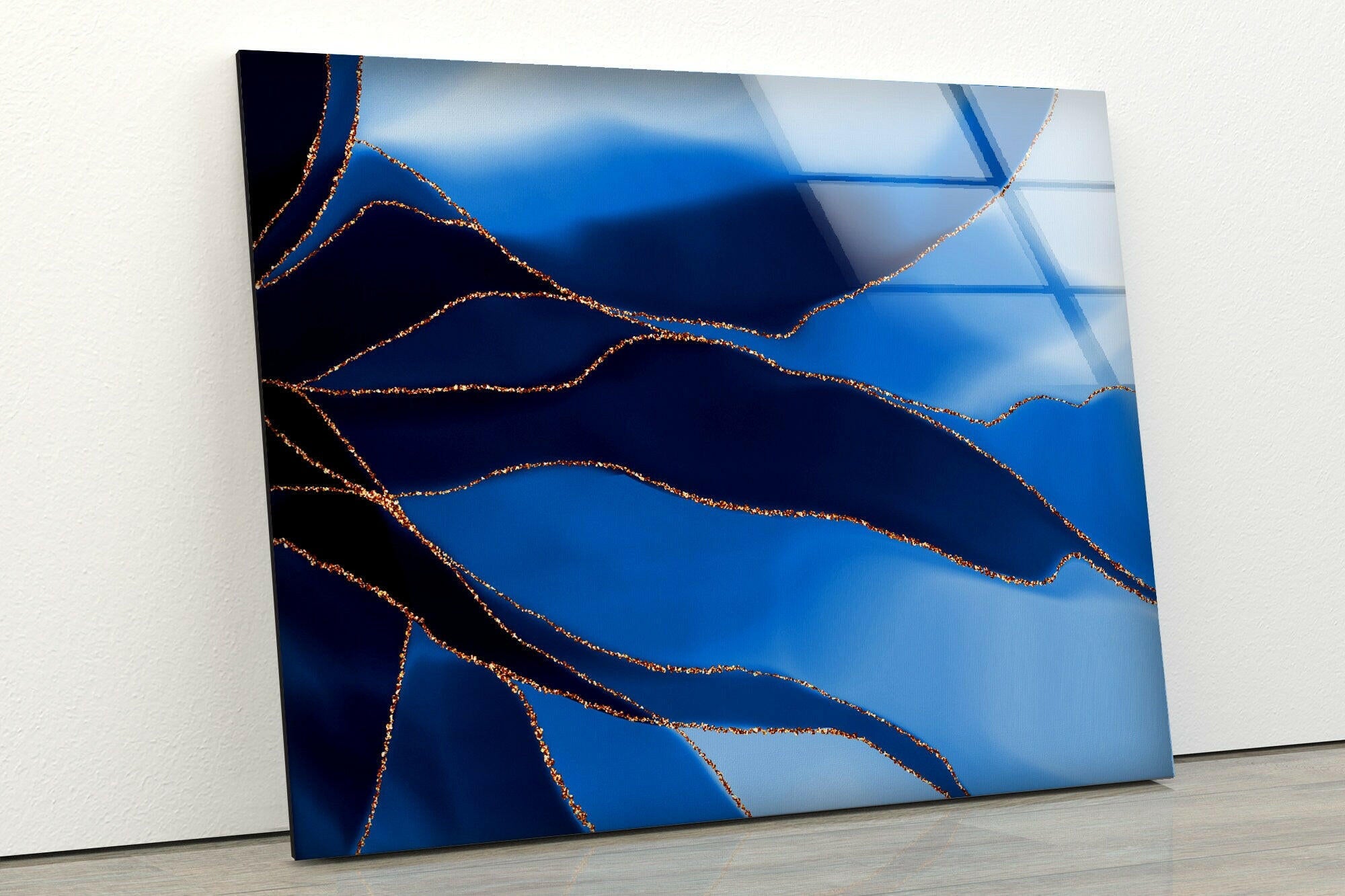 Blue and Gold Marble Abstract Glass Wall Art - Modern Home Decor for Living Room, Bedroom & Office | Handmade Glass Wall Hanging for Contemporary Interior Design