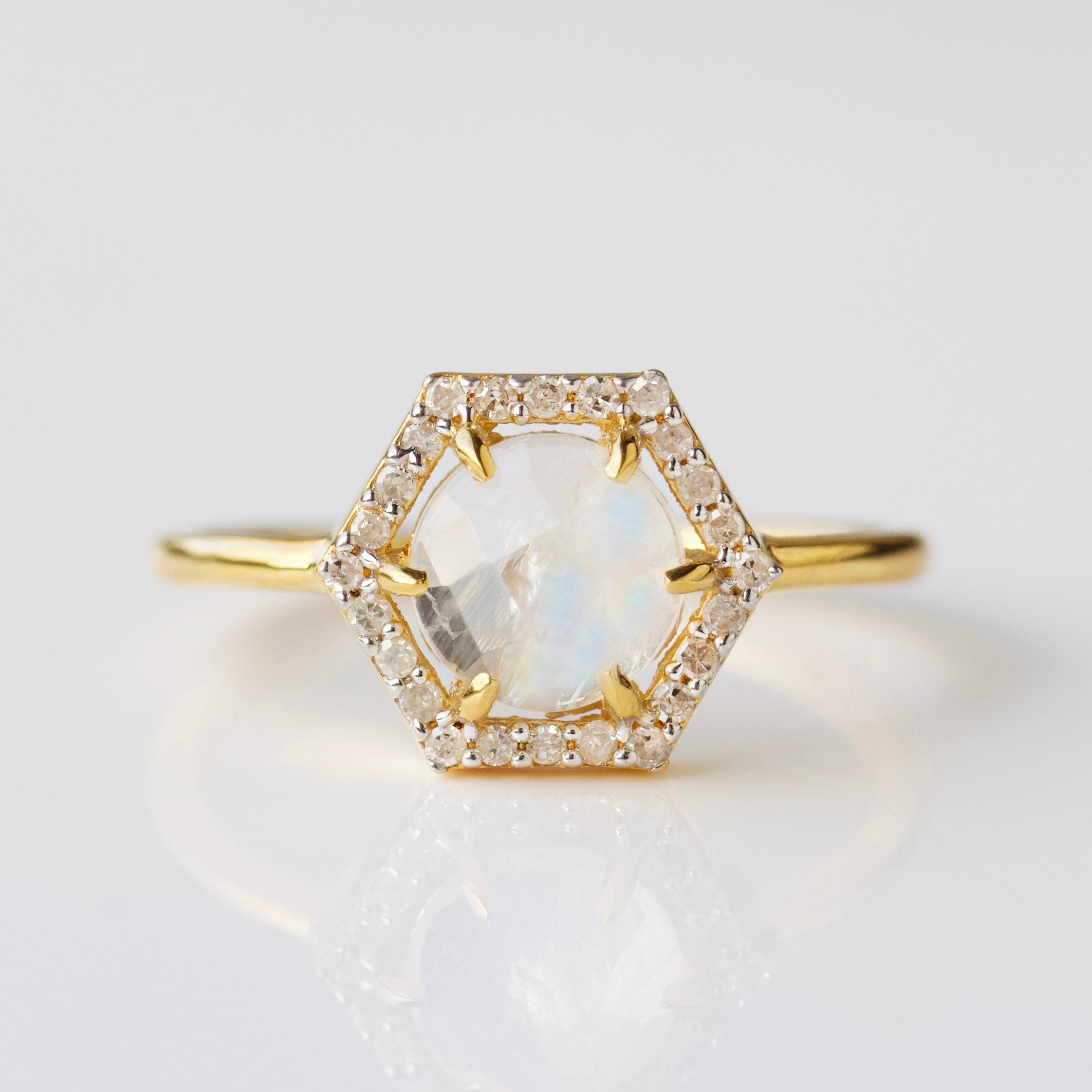 Moonstone & Diamond Hexagon Ring for Women - Elegant Vintage Jewelry for Engagement, Wedding, and Special Occasions
