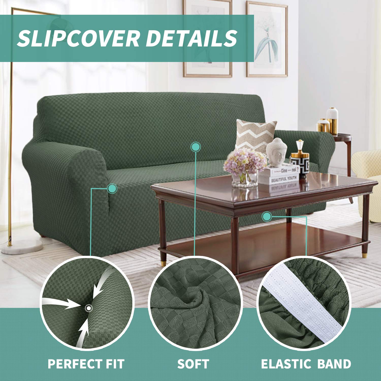 YEMYHOM Jacquard Stretch Sofa Cover for 2 Cushion Couch - Pet Proof, Non Slip Elastic Loveseat Slipcover - Army Green | Perfect for Living Room, Apartment & Pet Owners