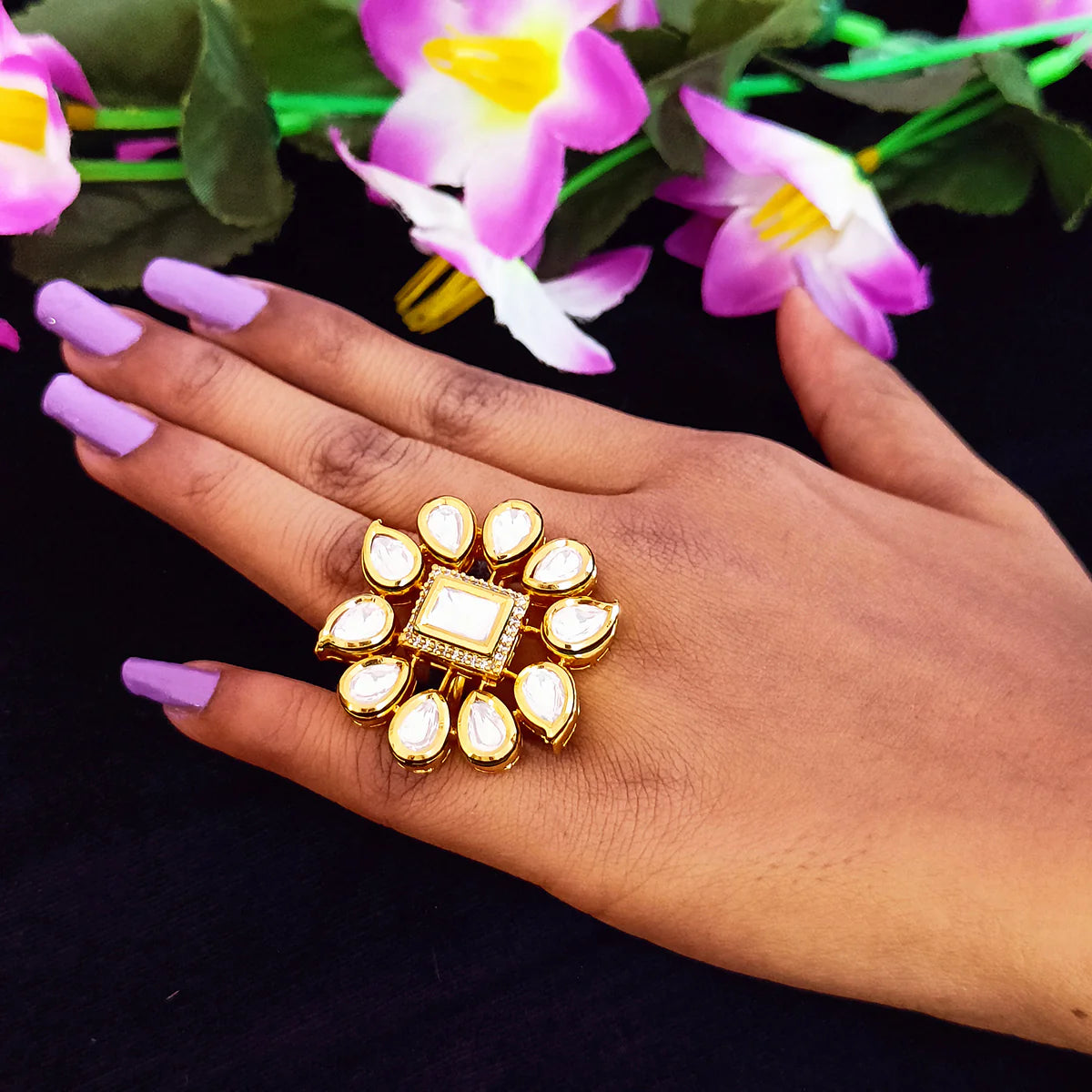 Exquisite Designer Gold Plated Kundan Ring - Elegant Indian Jewelry for Women | Perfect for Weddings, Parties & Special Occasions