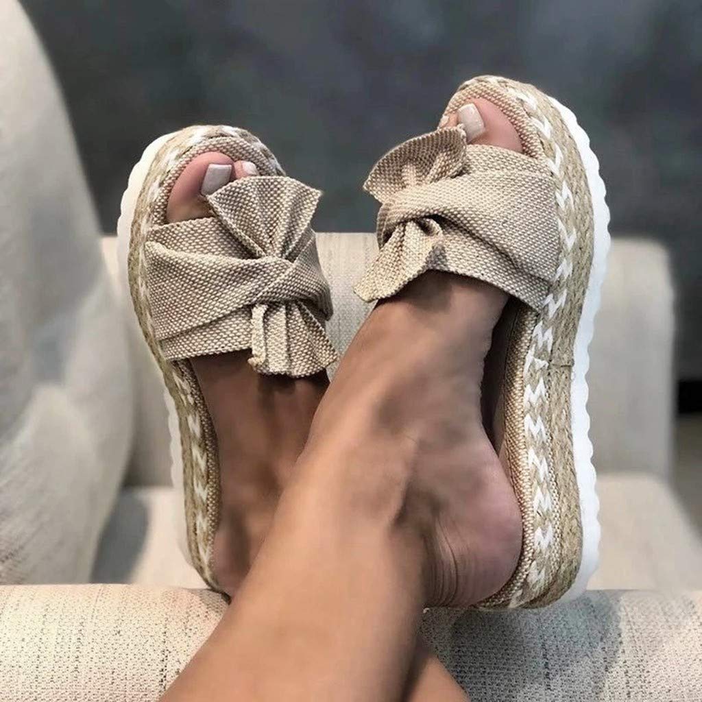 Women's Flat Slide Sandals with Cork Sole & Cute Knot Bow - Comfortable Canvas Summer Sandals for Beach, Pool, and Casual Outings