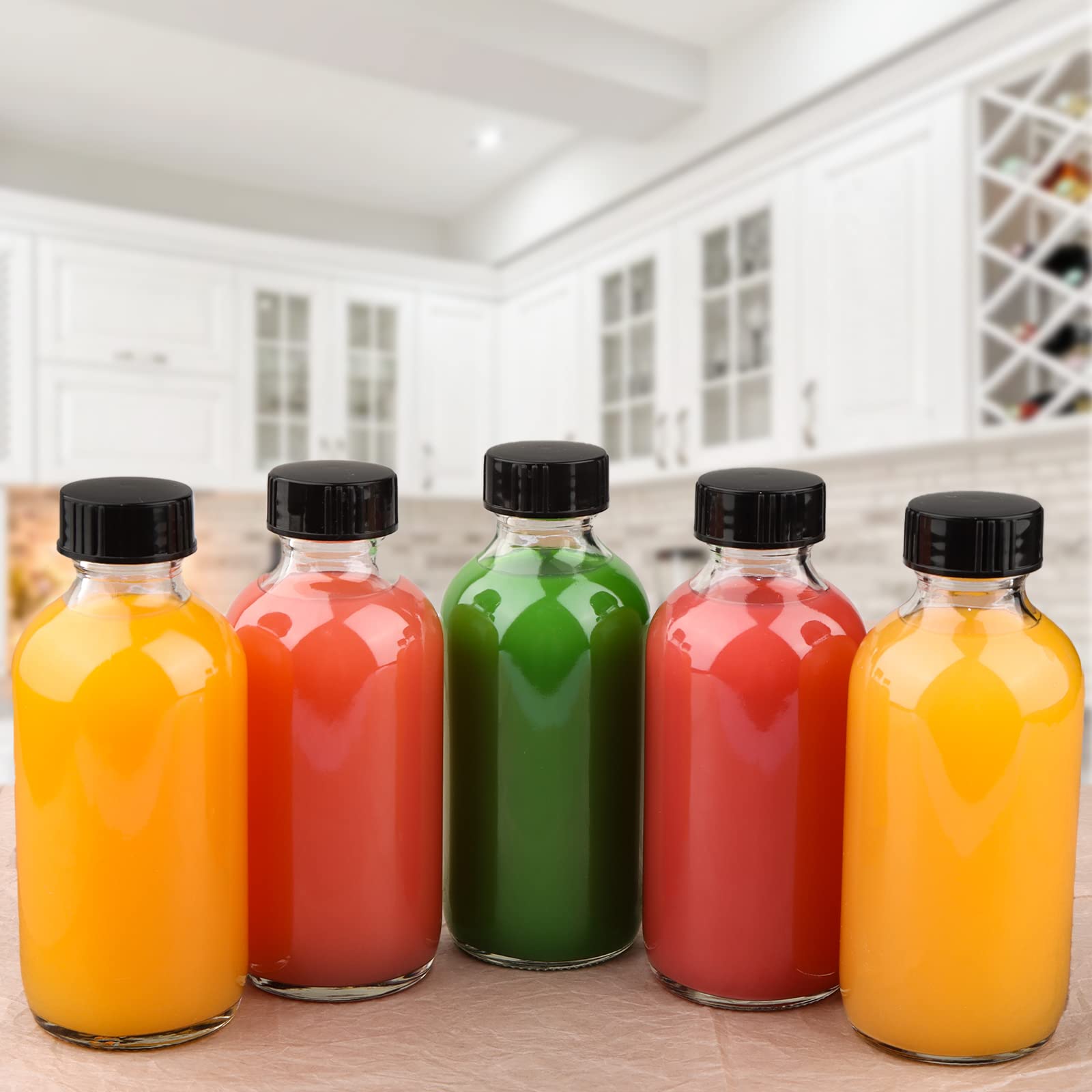 12 Pack 4 oz (120ml) Clear Glass Boston Round Bottles with Black Poly Cone Caps - Includes Labels, Funnels & Brush for Essential Oils, DIY Skincare, and Craft Projects